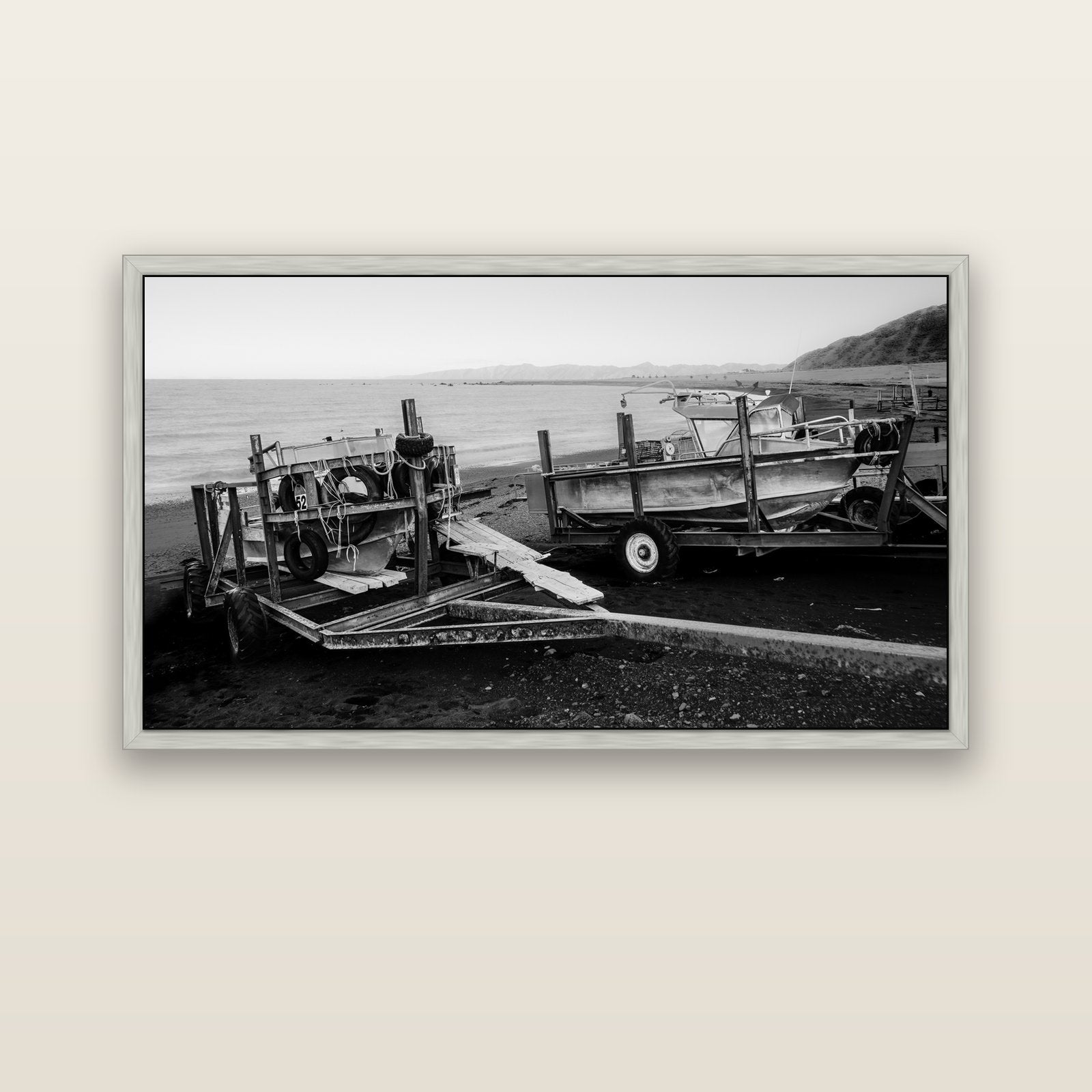 Boats in the Bay, Cape Palliser — silver float frame canvas, 152 × 86 cm. New Zealand fine art landscape wall art by Stephen Milner.