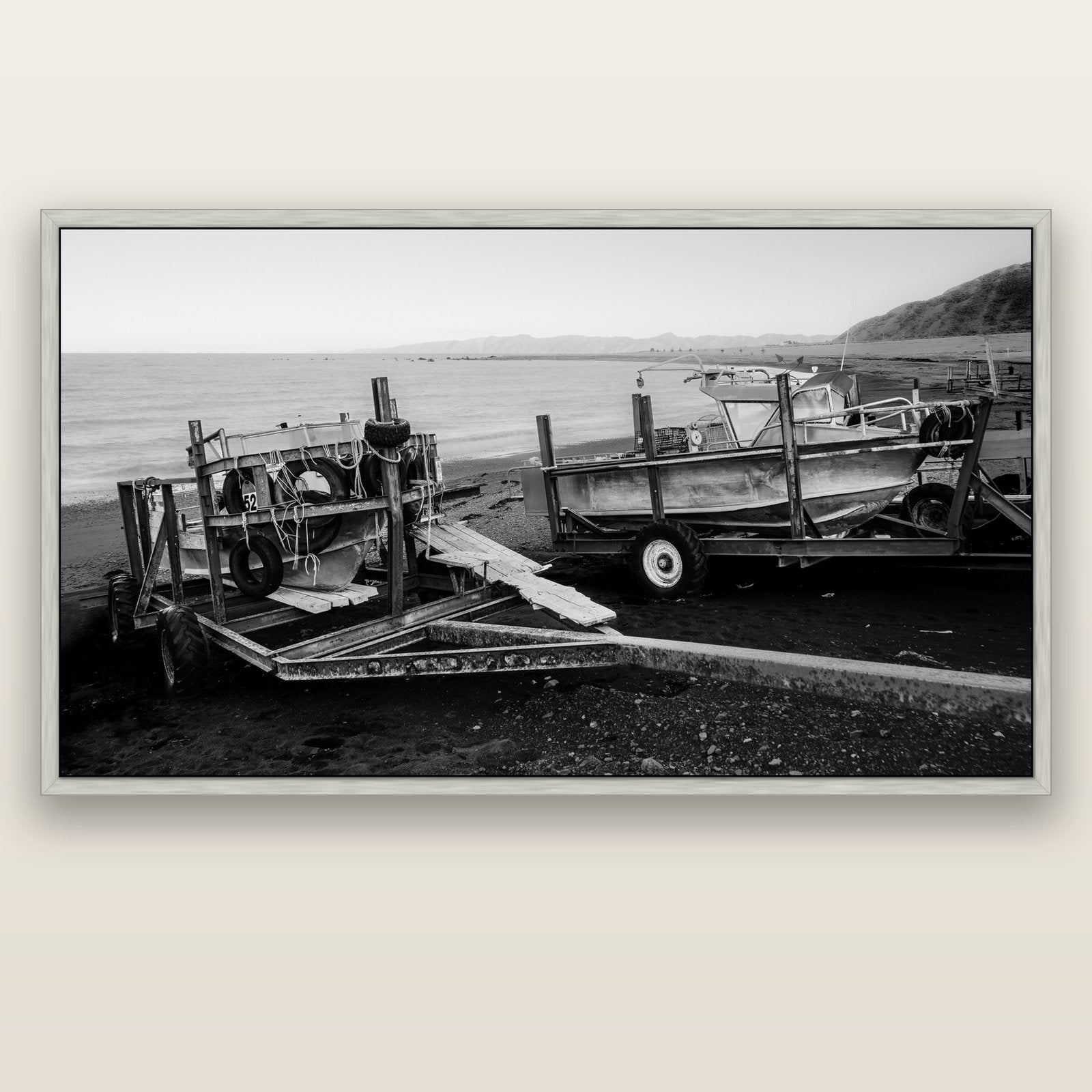 Boats in the Bay, Cape Palliser — silver float frame canvas, 200 × 130 cm. New Zealand fine art landscape wall art by Stephen Milner.