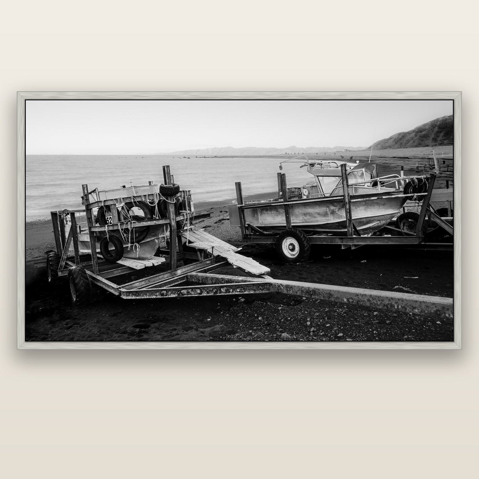 Boats in the Bay, Cape Palliser — silver float frame canvas, 201 × 99 cm. New Zealand fine art landscape wall art by Stephen Milner.