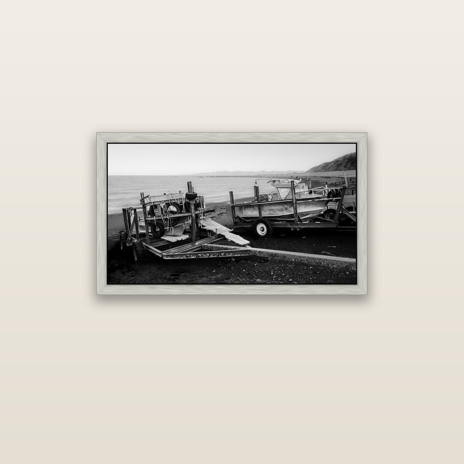 Boats in the Bay, Cape Palliser — silver float frame canvas, 91 × 51 cm. New Zealand fine art landscape wall art by Stephen Milner.