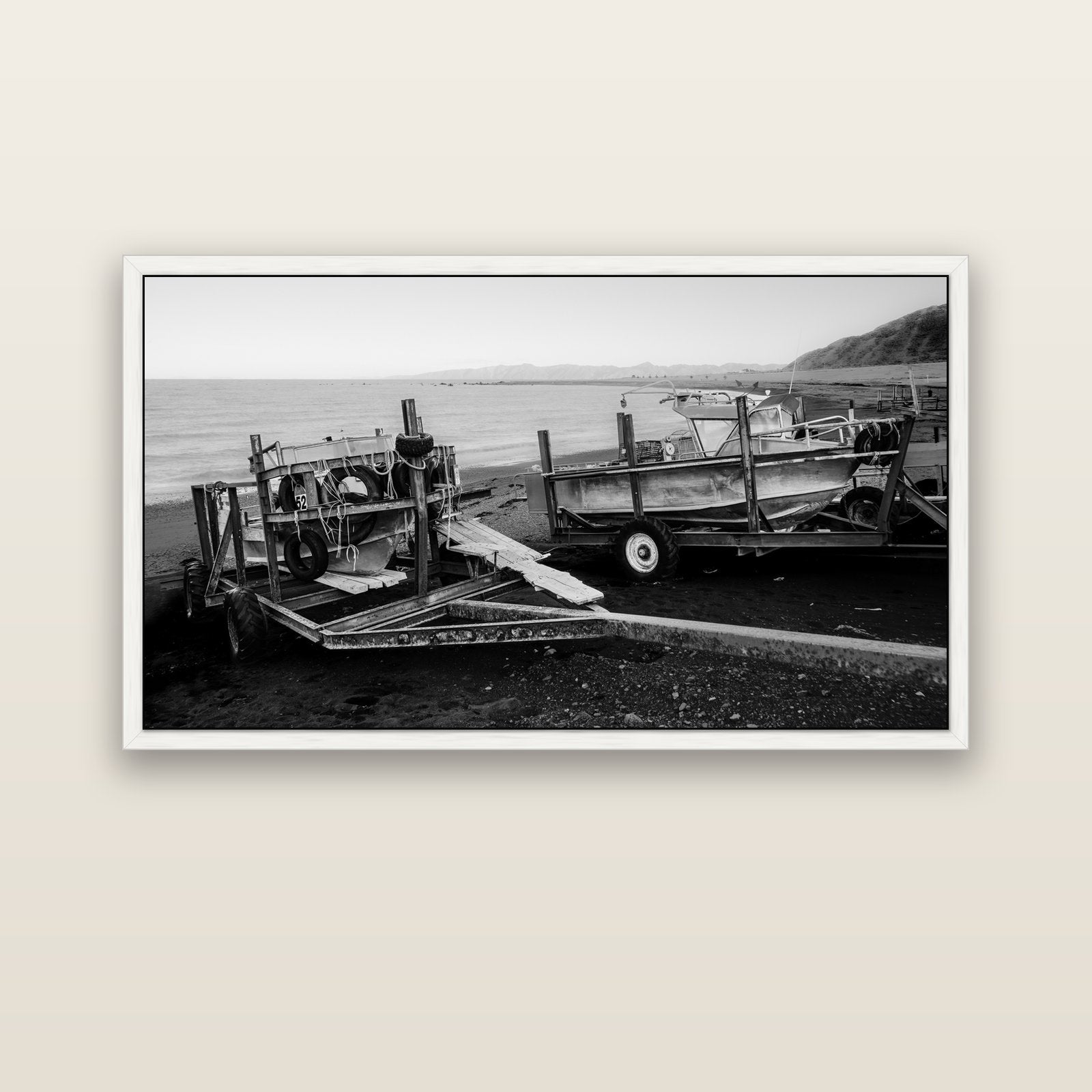 Boats in the Bay, Cape Palliser — white float frame canvas, 152 × 86 cm. New Zealand fine art landscape wall art by Stephen Milner.