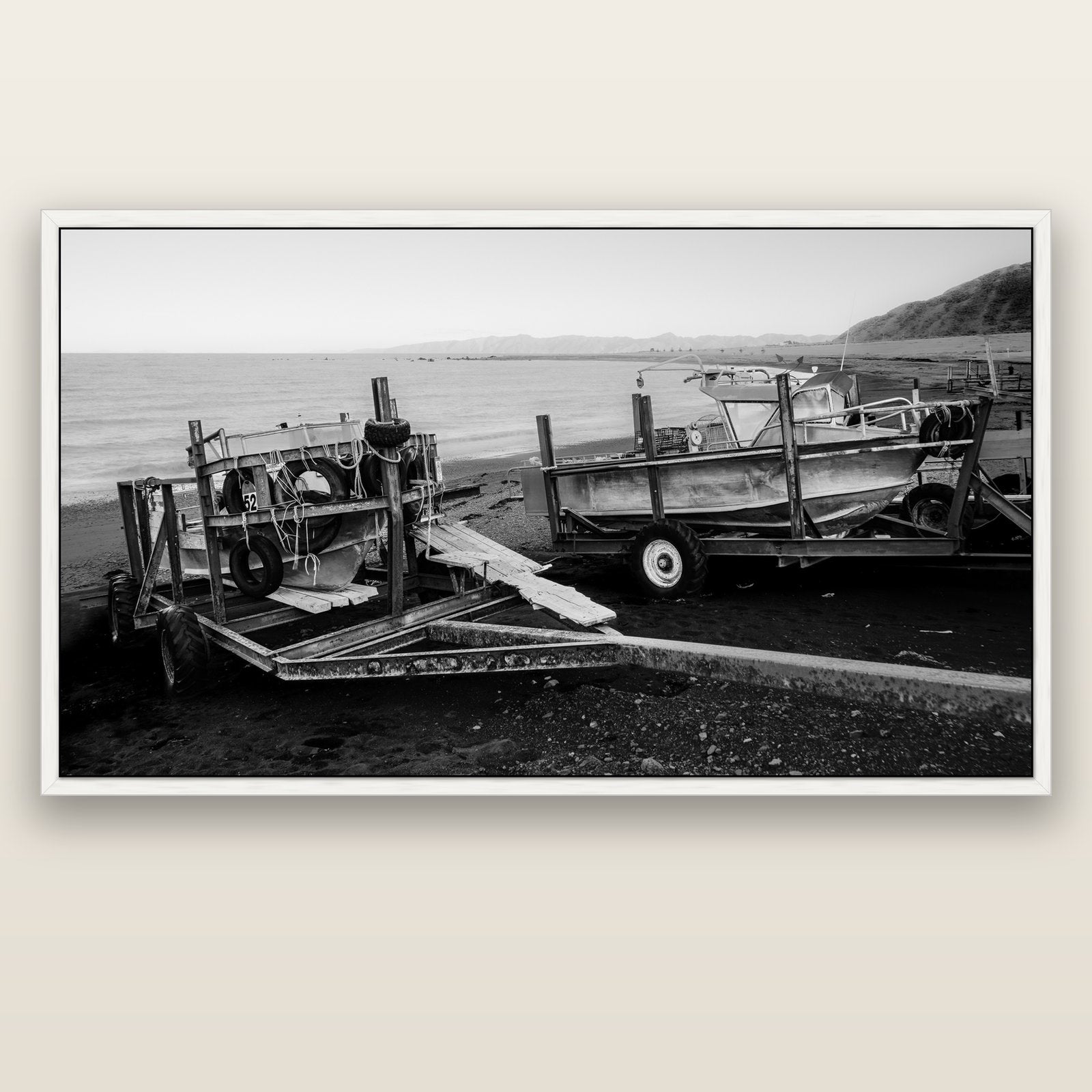 Boats in the Bay, Cape Palliser — white float frame canvas, 200 × 130 cm. New Zealand fine art landscape wall art by Stephen Milner.