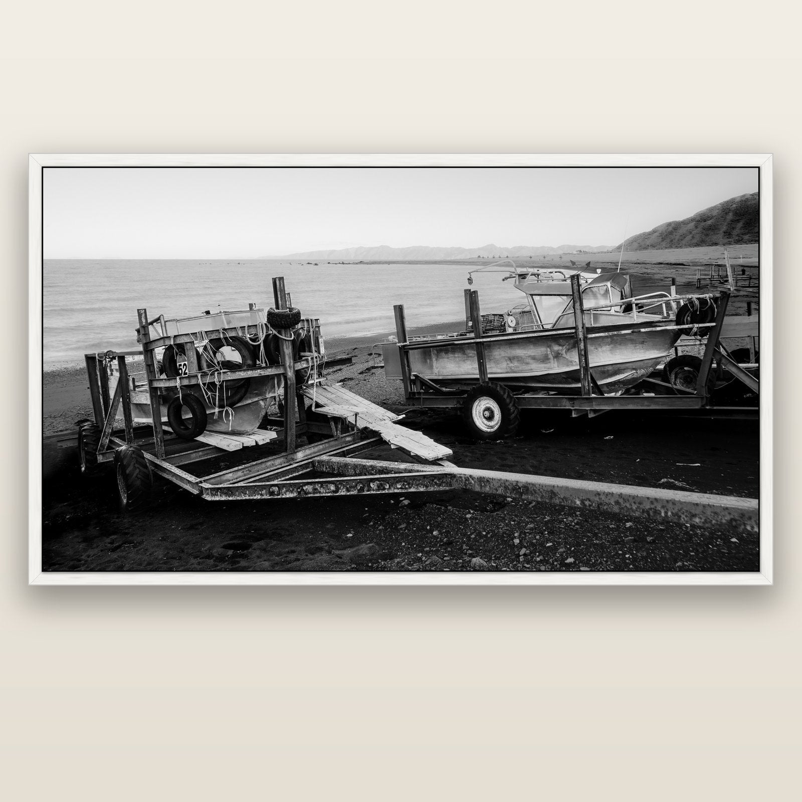 Boats in the Bay, Cape Palliser — white float frame canvas, 201 × 99 cm. New Zealand fine art landscape wall art by Stephen Milner.