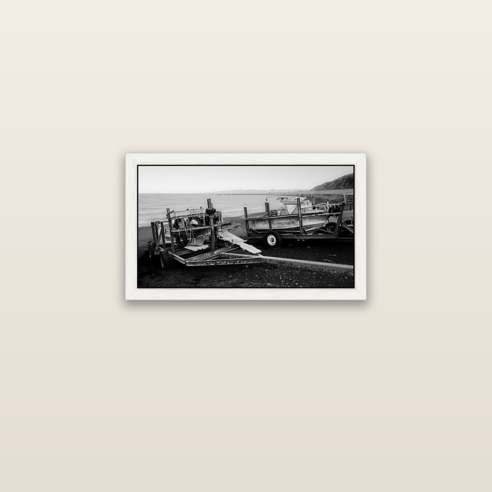 Boats in the Bay, Cape Palliser — white float frame canvas, 61 × 36 cm. New Zealand fine art landscape wall art by Stephen Milner.