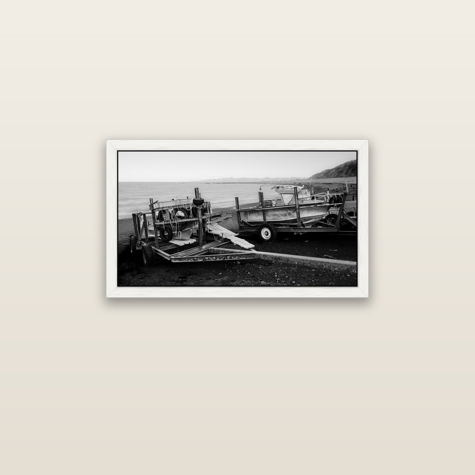 Boats in the Bay, Cape Palliser — white float frame canvas, 81 × 46 cm. New Zealand fine art landscape wall art by Stephen Milner.