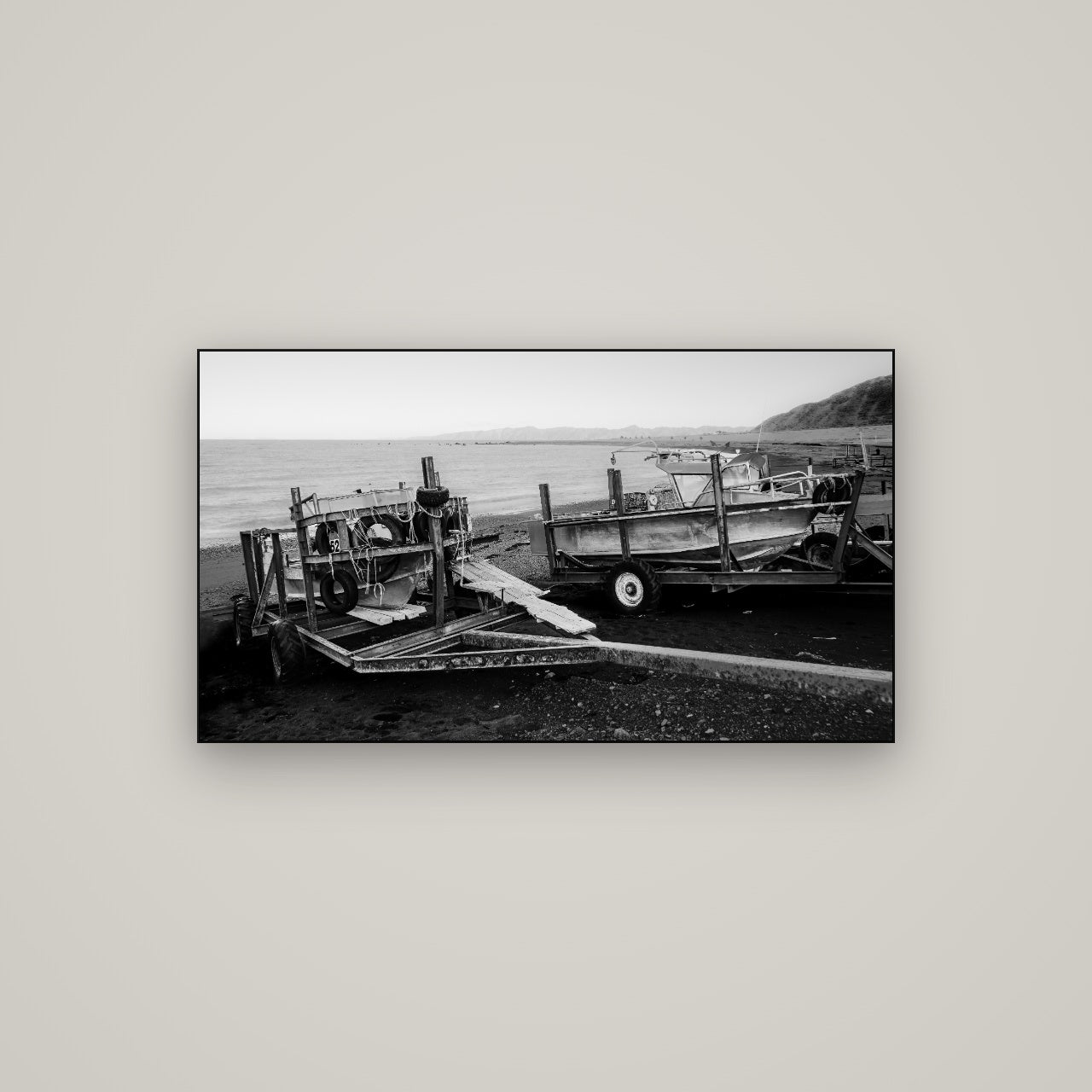 Boats in the Bay, Cape Palliser — Slimline Black, 107×60 cm. New Zealand fine art wall art by Stephen Milner.