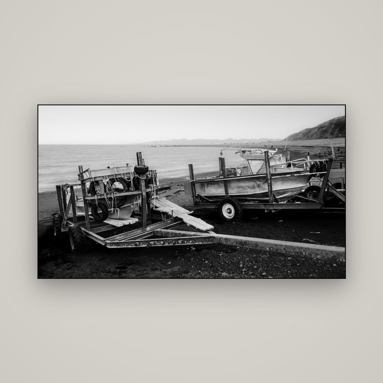 Boats in the Bay, Cape Palliser — Slimline Black, 160×90 cm. New Zealand fine art wall art by Stephen Milner.