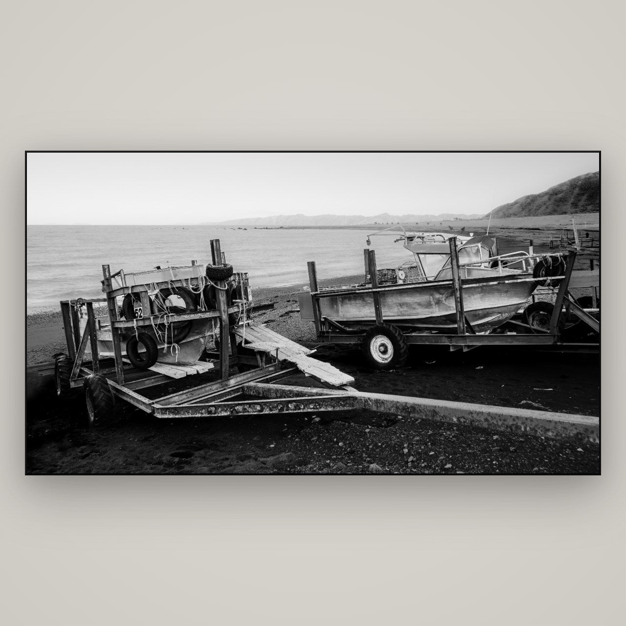 Boats in the Bay, Cape Palliser — Slimline Black, 196×110 cm. New Zealand fine art wall art by Stephen Milner.