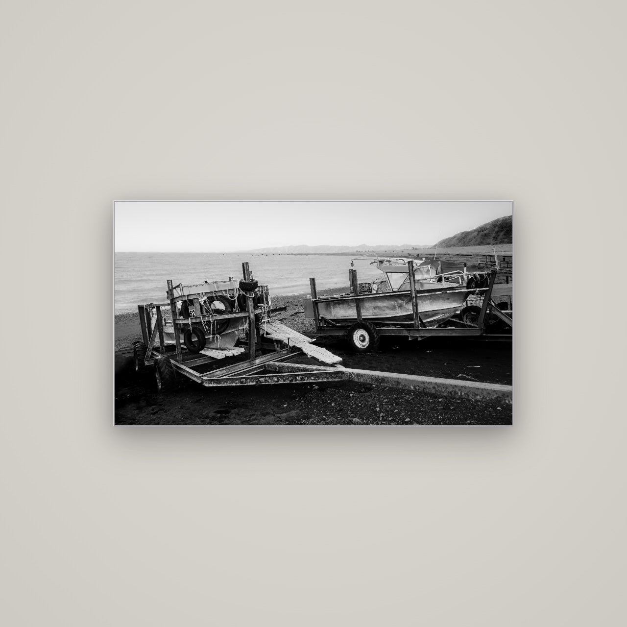 Boats in the Bay, Cape Palliser — Slimline Silver, 107×60 cm. New Zealand fine art wall art by Stephen Milner.