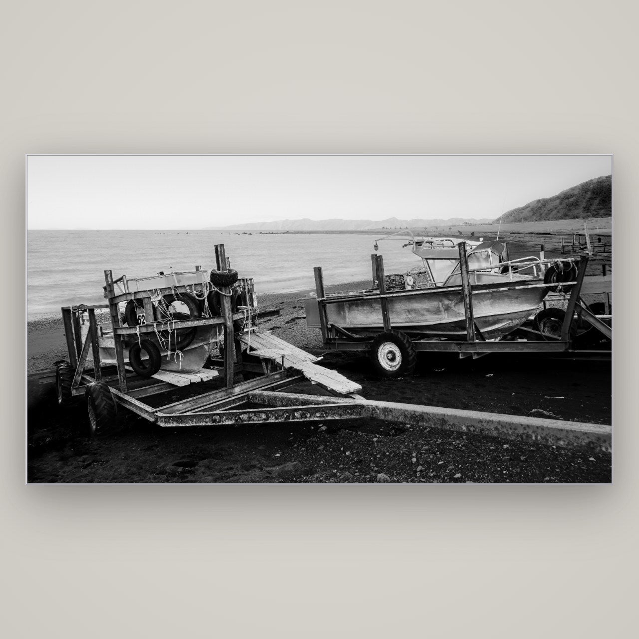 Boats in the Bay, Cape Palliser — Slimline Silver, 196×110 cm. New Zealand fine art wall art by Stephen Milner.