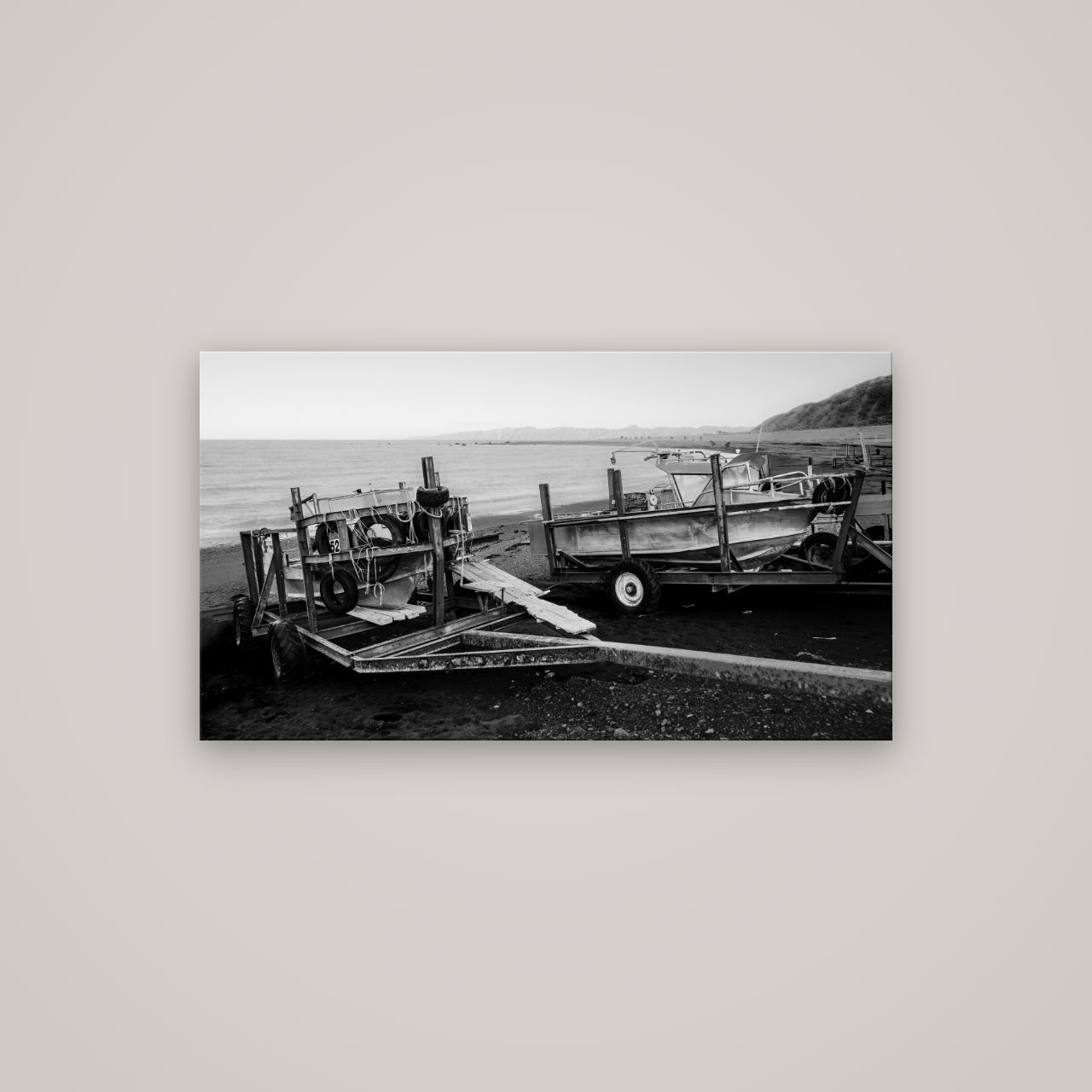 Boats in the Bay, Cape Palliser — No frame, 107×60 cm. New Zealand fine art wall art by Stephen Milner.