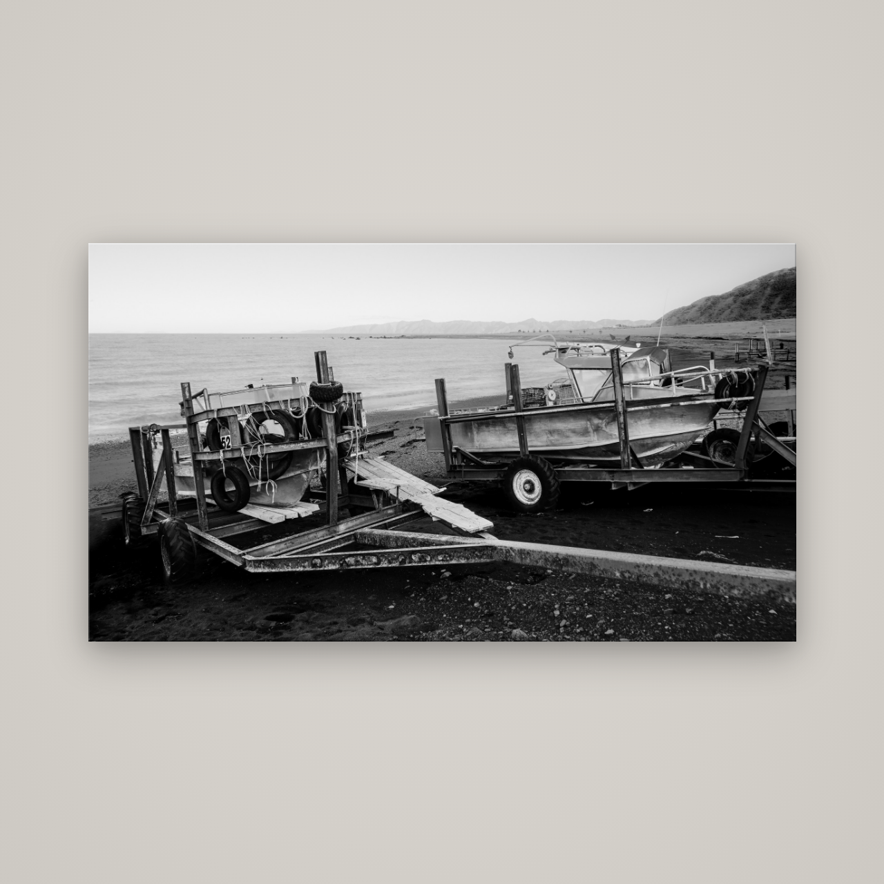 Boats in the Bay, Cape Palliser — No frame, 160×90 cm. New Zealand fine art wall art by Stephen Milner.