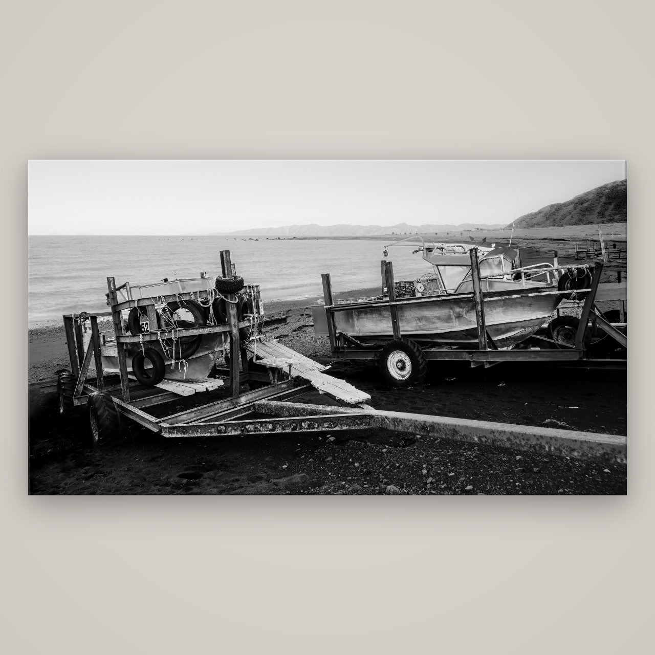 Boats in the Bay, Cape Palliser — No frame, 196×110 cm. New Zealand fine art wall art by Stephen Milner.