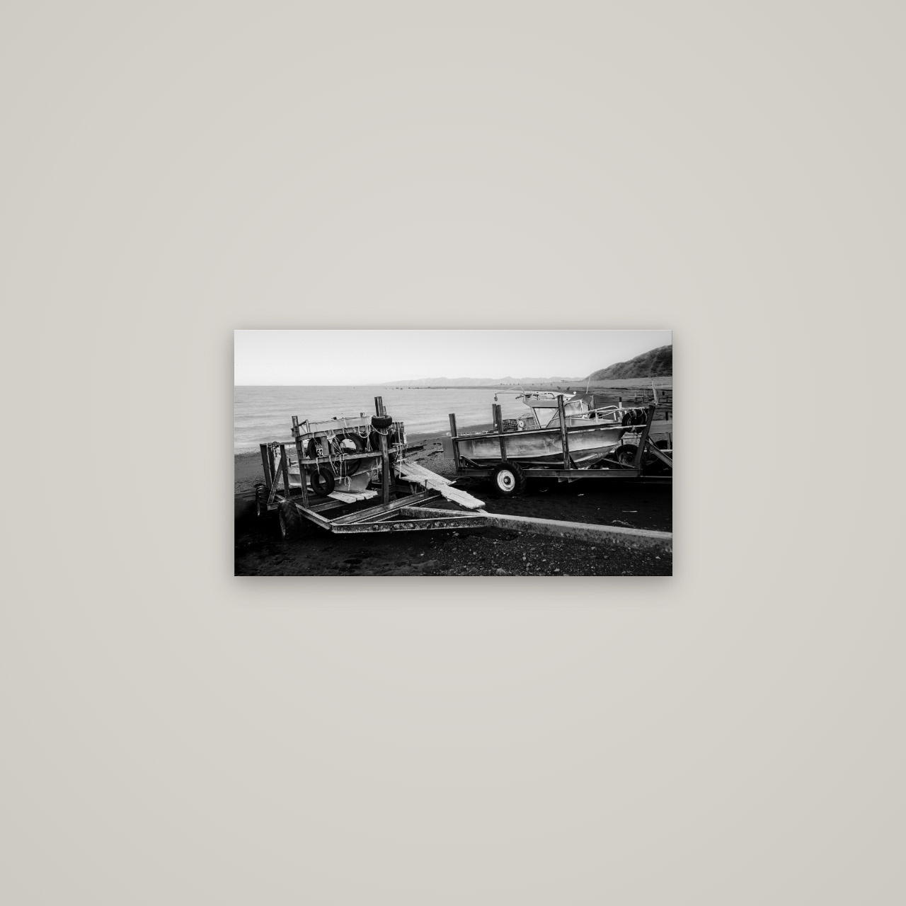 Boats in the Bay, Cape Palliser — No frame, 64×36 cm. New Zealand fine art wall art by Stephen Milner.