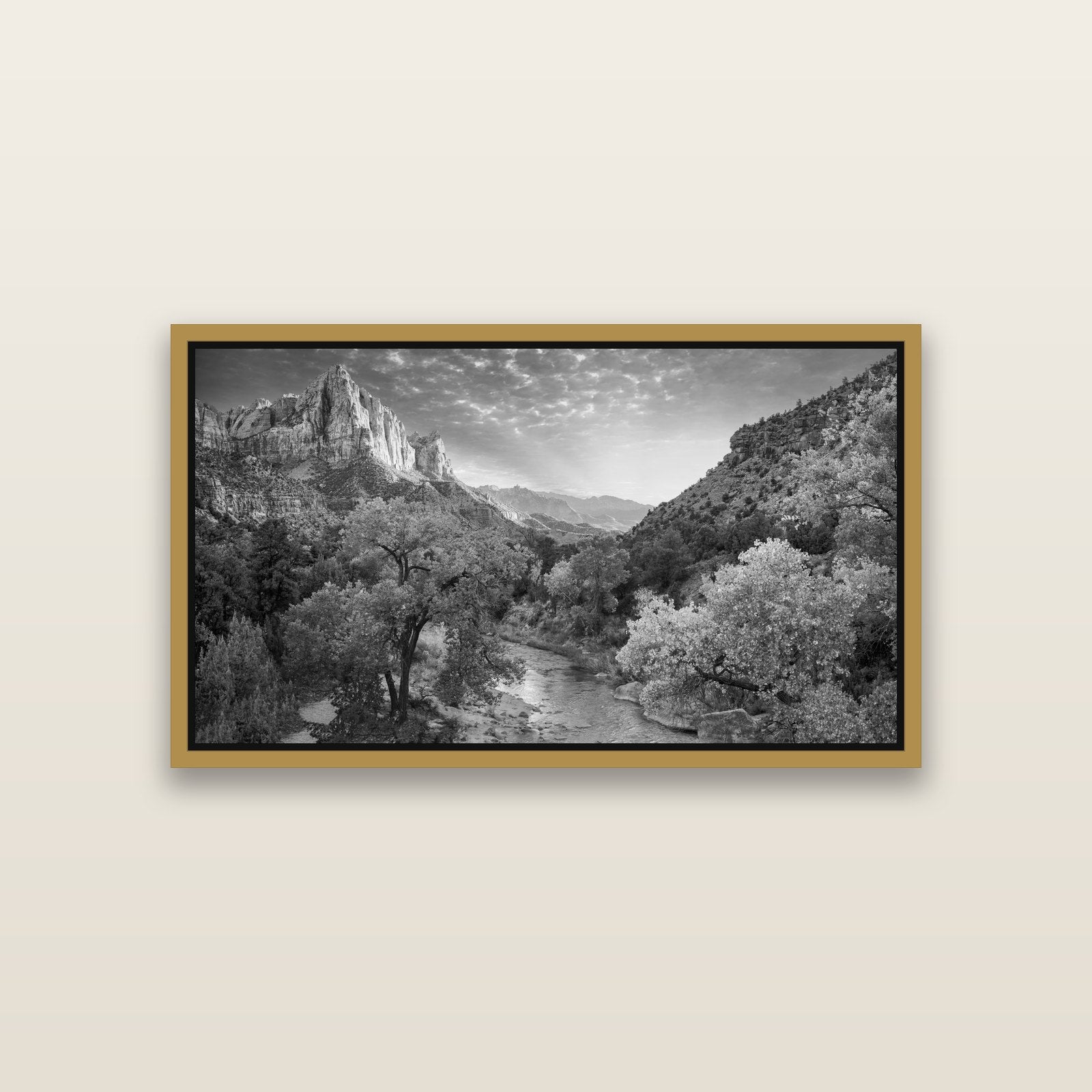 Canyon Evening, Zion National Park — Antique Gold framed metallic canvas print, small 81 × 46 cm. New Zealand fine art landscape wall art by Stephen Milner.