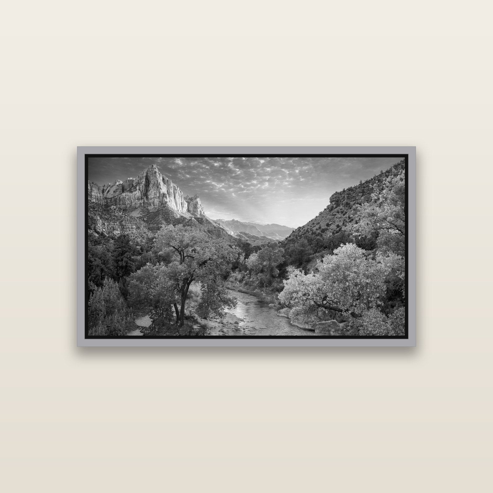 Canyon Evening, Zion National Park — Antique Silver framed metallic canvas print, small 81 × 46 cm. New Zealand fine art landscape wall art by Stephen Milner.