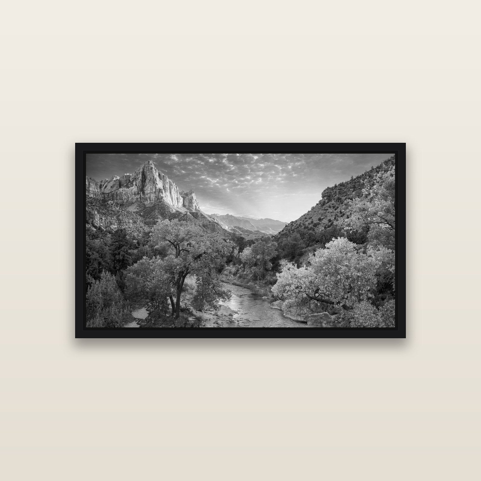 Canyon Evening, Zion National Park — Black framed metallic canvas print, small 81 × 46 cm. New Zealand fine art landscape wall art by Stephen Milner.