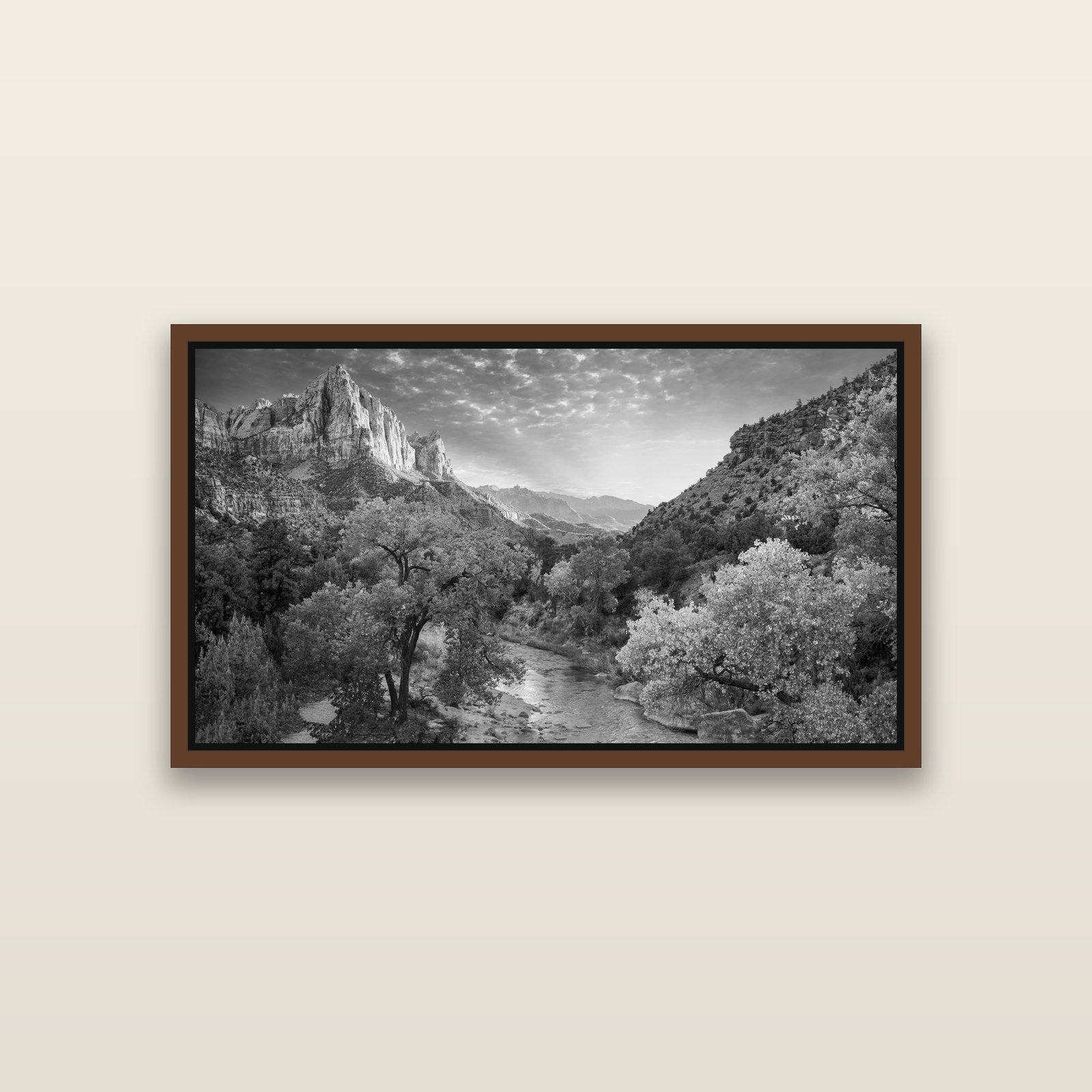Canyon Evening, Zion National Park — Brown framed metallic canvas print, small 81 × 46 cm. New Zealand fine art landscape wall art by Stephen Milner.