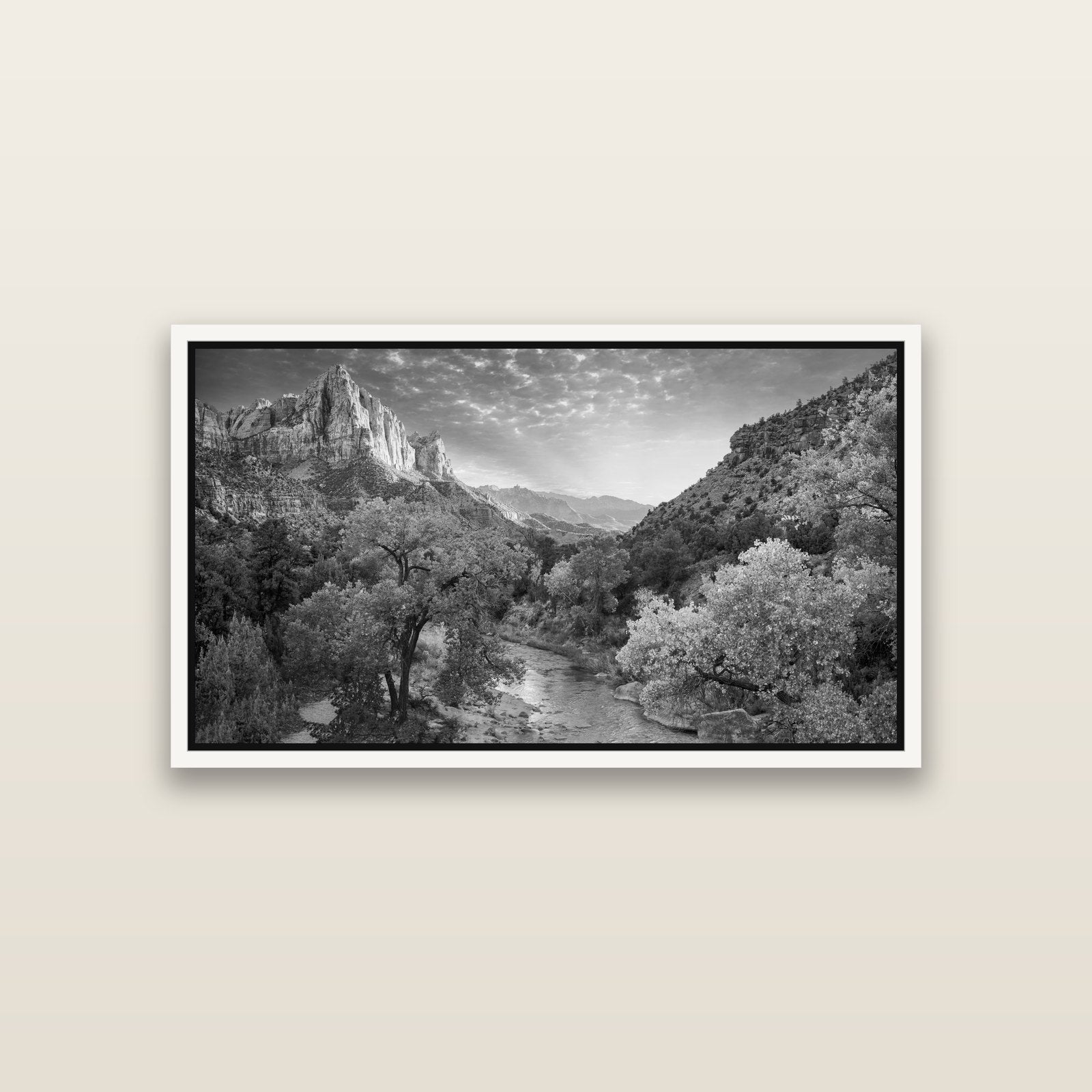 Canyon Evening, Zion National Park — White framed metallic canvas print, small 81 × 46 cm. New Zealand fine art landscape wall art by Stephen Milner.