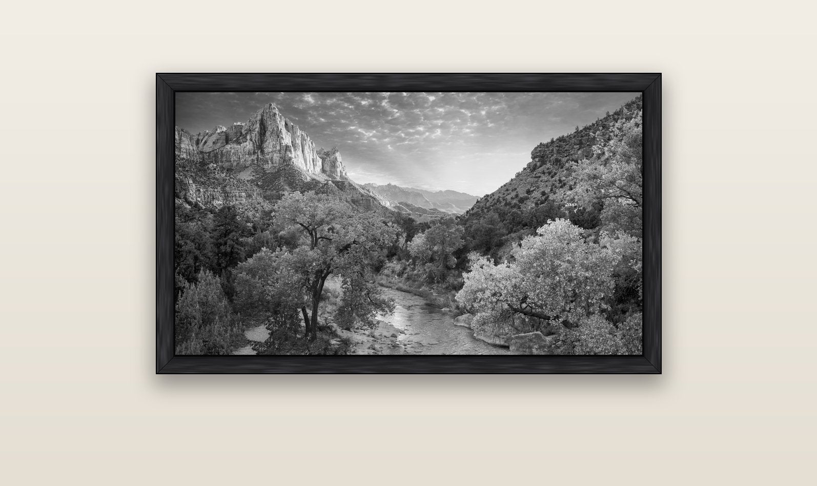 Canyon Evening, Zion National Park — black float frame canvas, 102 × 56 cm. New Zealand fine art landscape wall art by Stephen Milner.
