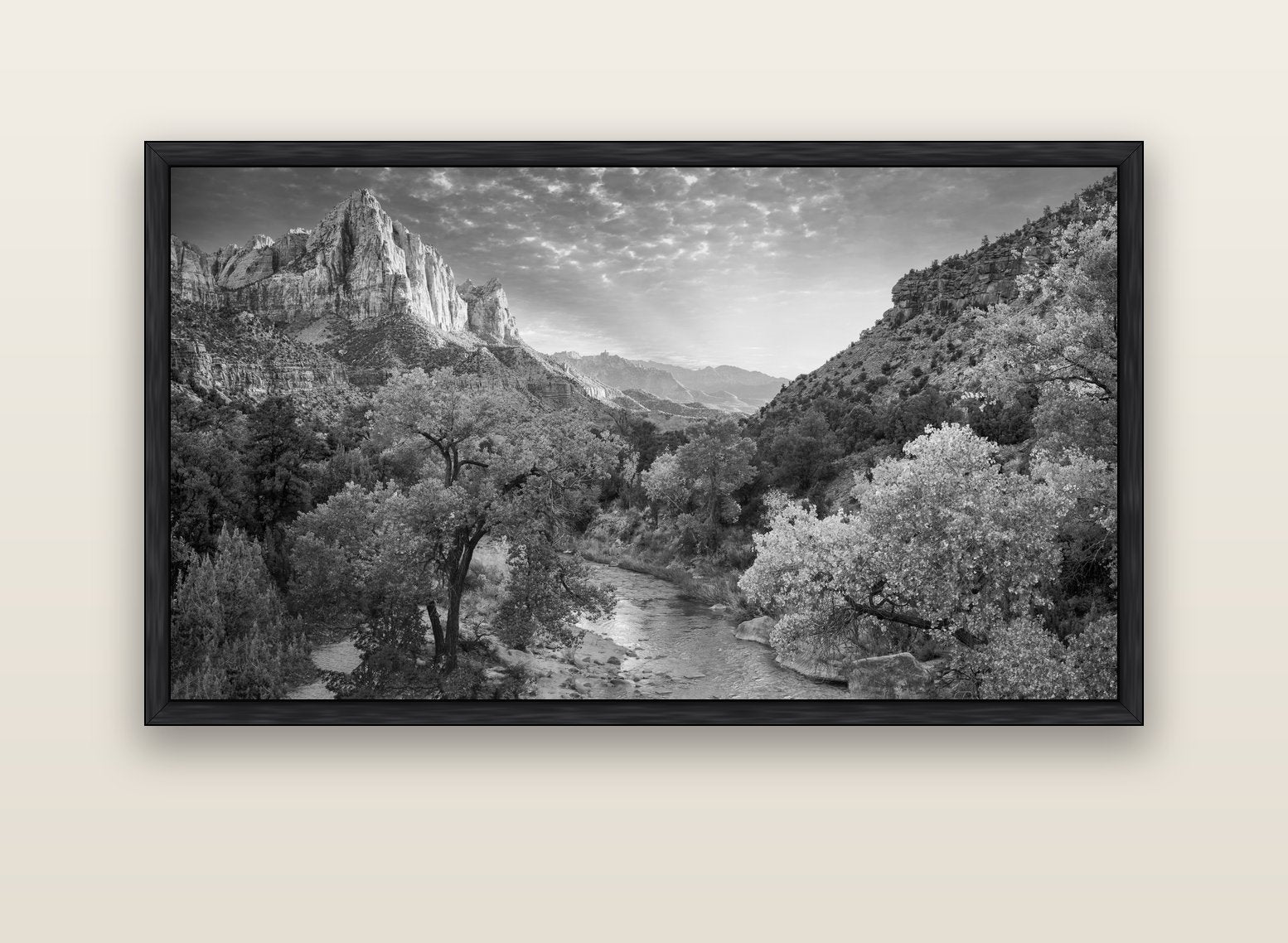 Canyon Evening, Zion National Park — black float frame canvas, 152 × 86 cm. New Zealand fine art landscape wall art by Stephen Milner.
