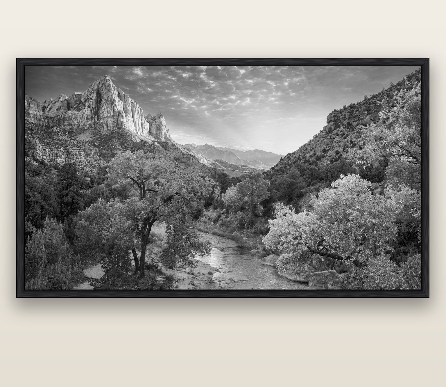 Canyon Evening, Zion National Park — black float frame canvas, 200 × 130 cm. New Zealand fine art landscape wall art by Stephen Milner.