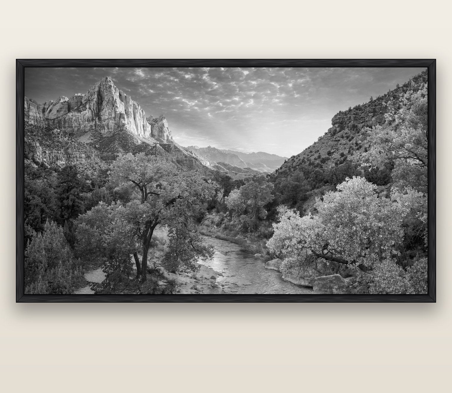 Canyon Evening, Zion National Park — black float frame canvas, 201 × 99 cm. New Zealand fine art landscape wall art by Stephen Milner.
