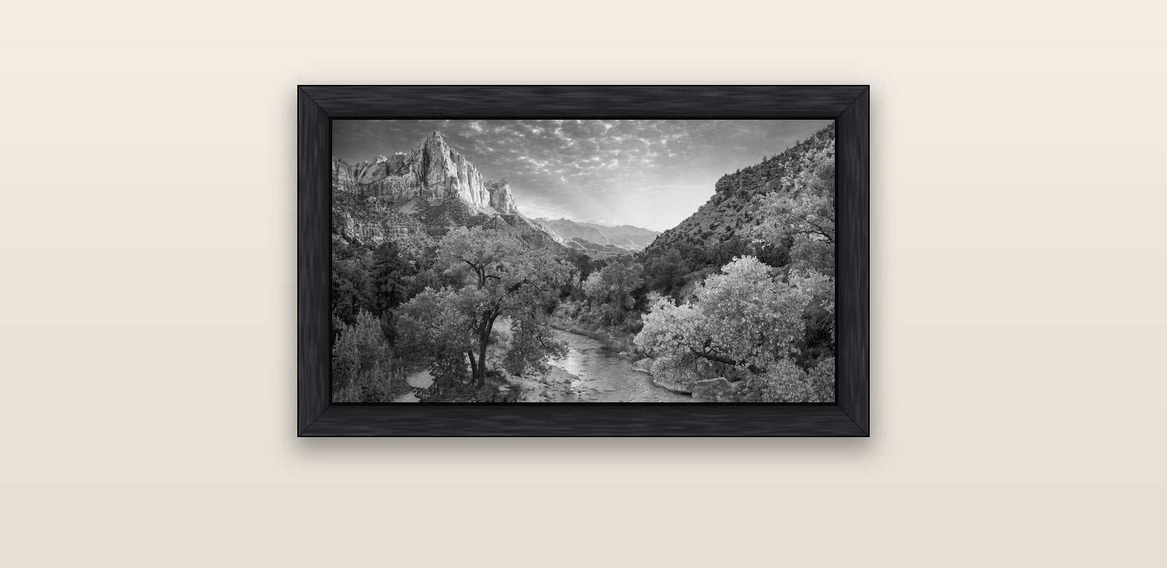 Canyon Evening, Zion National Park — black float frame canvas, 61 × 36 cm. New Zealand fine art landscape wall art by Stephen Milner.