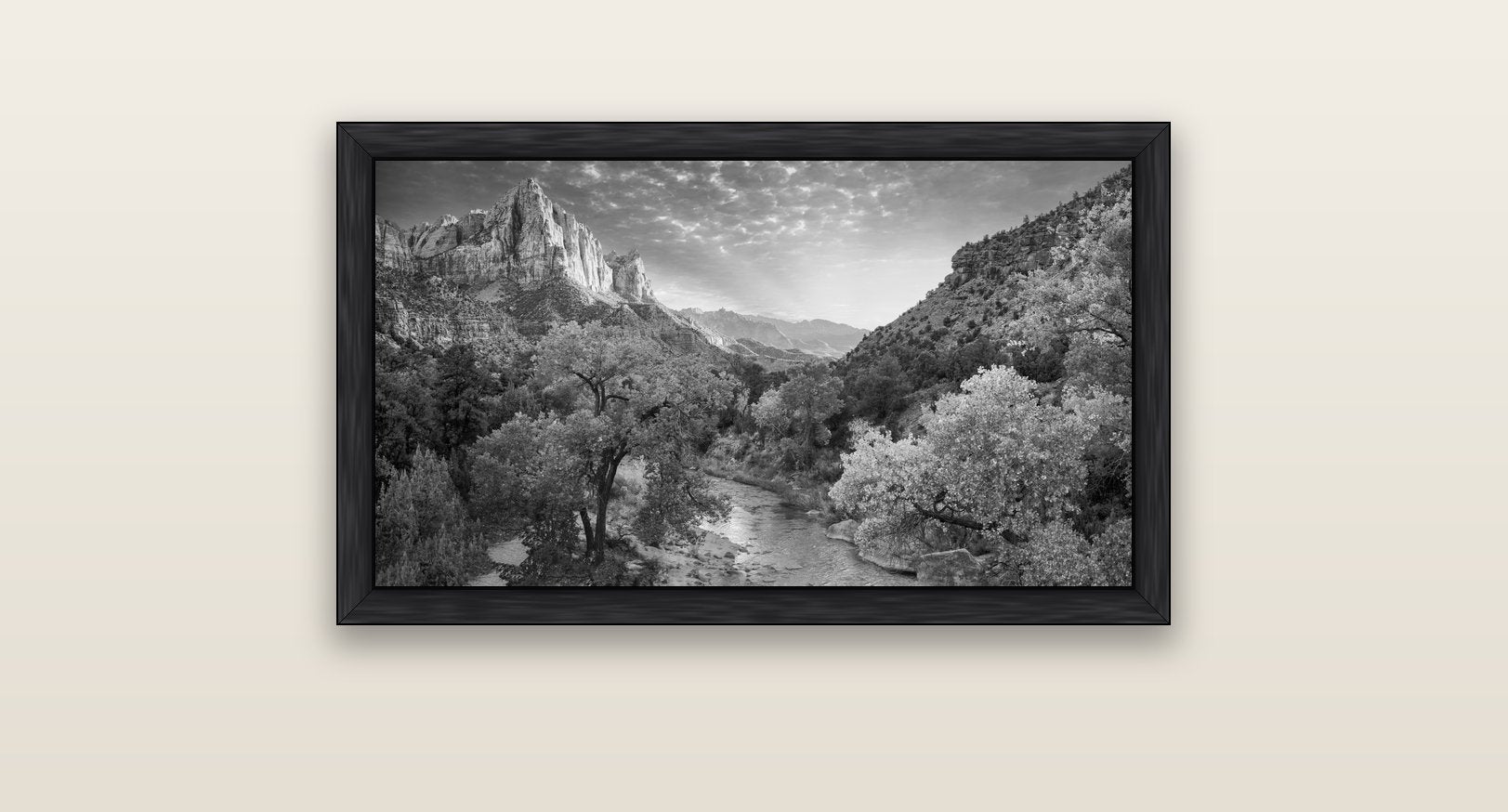 Canyon Evening, Zion National Park — black float frame canvas, 81 × 46 cm. New Zealand fine art landscape wall art by Stephen Milner.