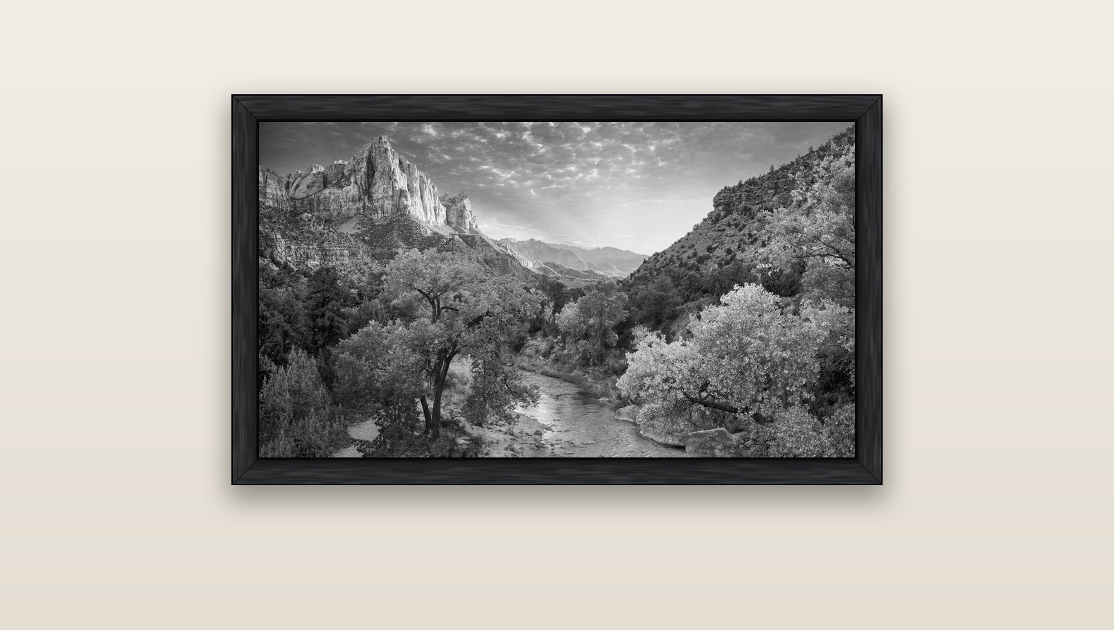Canyon Evening, Zion National Park — black float frame canvas, 91 × 51 cm. New Zealand fine art landscape wall art by Stephen Milner.