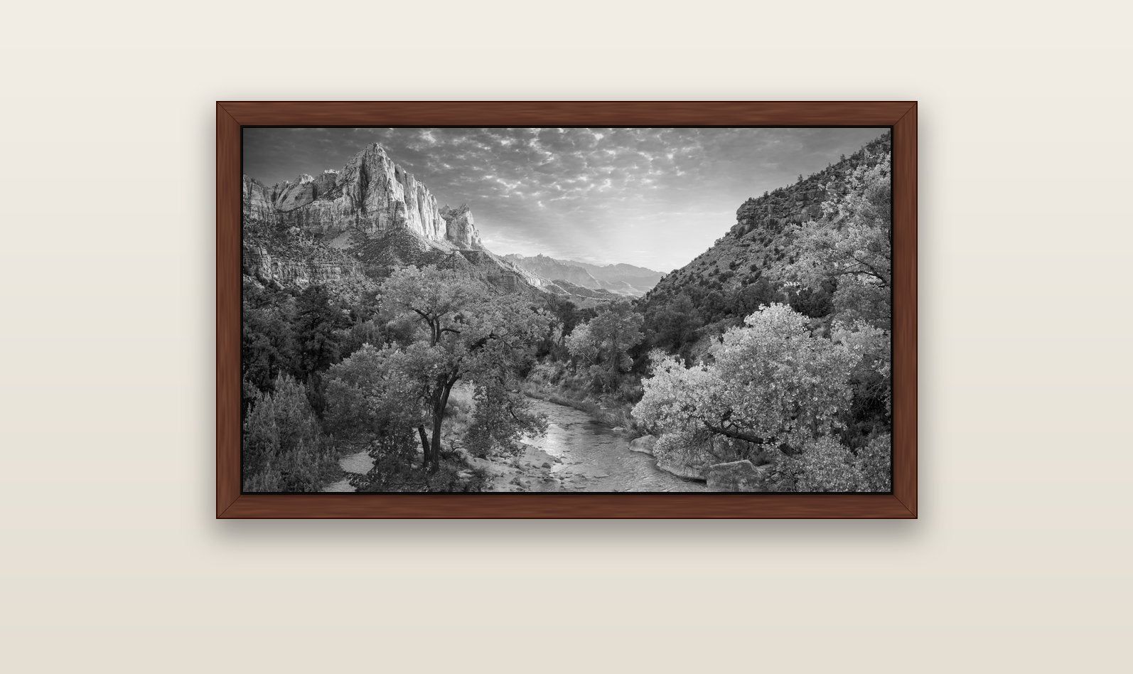 Canyon Evening, Zion National Park — brown float frame canvas, 102 × 56 cm. New Zealand fine art landscape wall art by Stephen Milner.