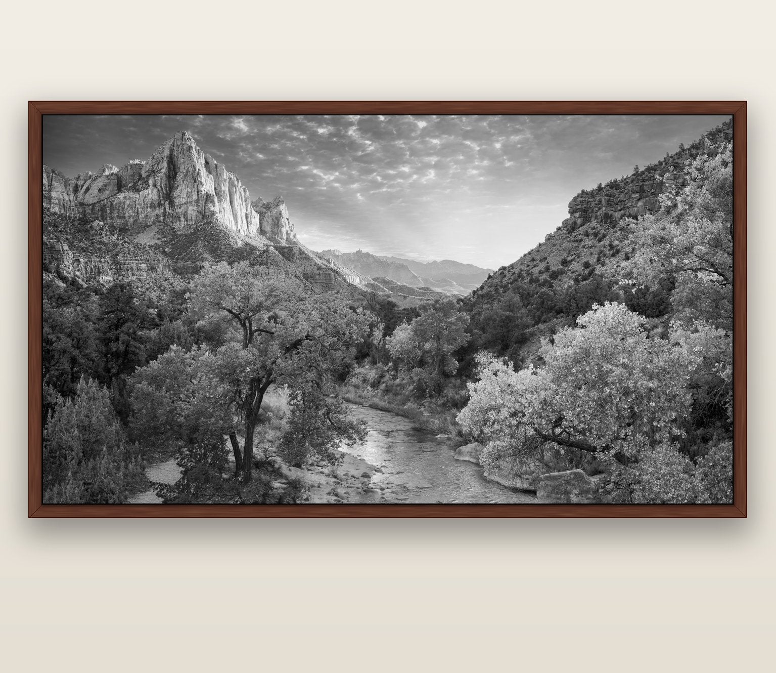 Canyon Evening, Zion National Park — brown float frame canvas, 200 × 130 cm. New Zealand fine art landscape wall art by Stephen Milner.