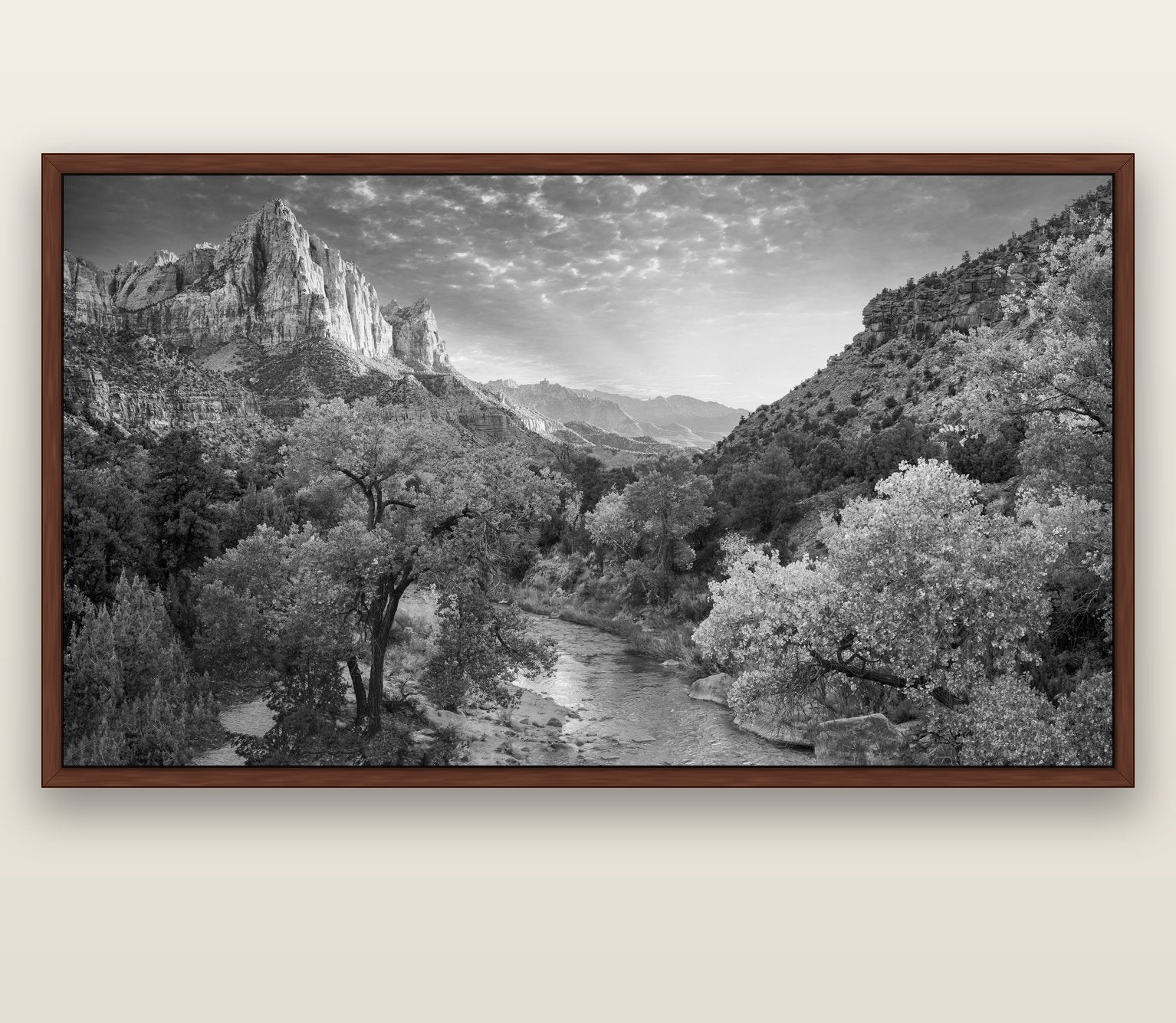 Canyon Evening, Zion National Park — brown float frame canvas, 201 × 99 cm. New Zealand fine art landscape wall art by Stephen Milner.