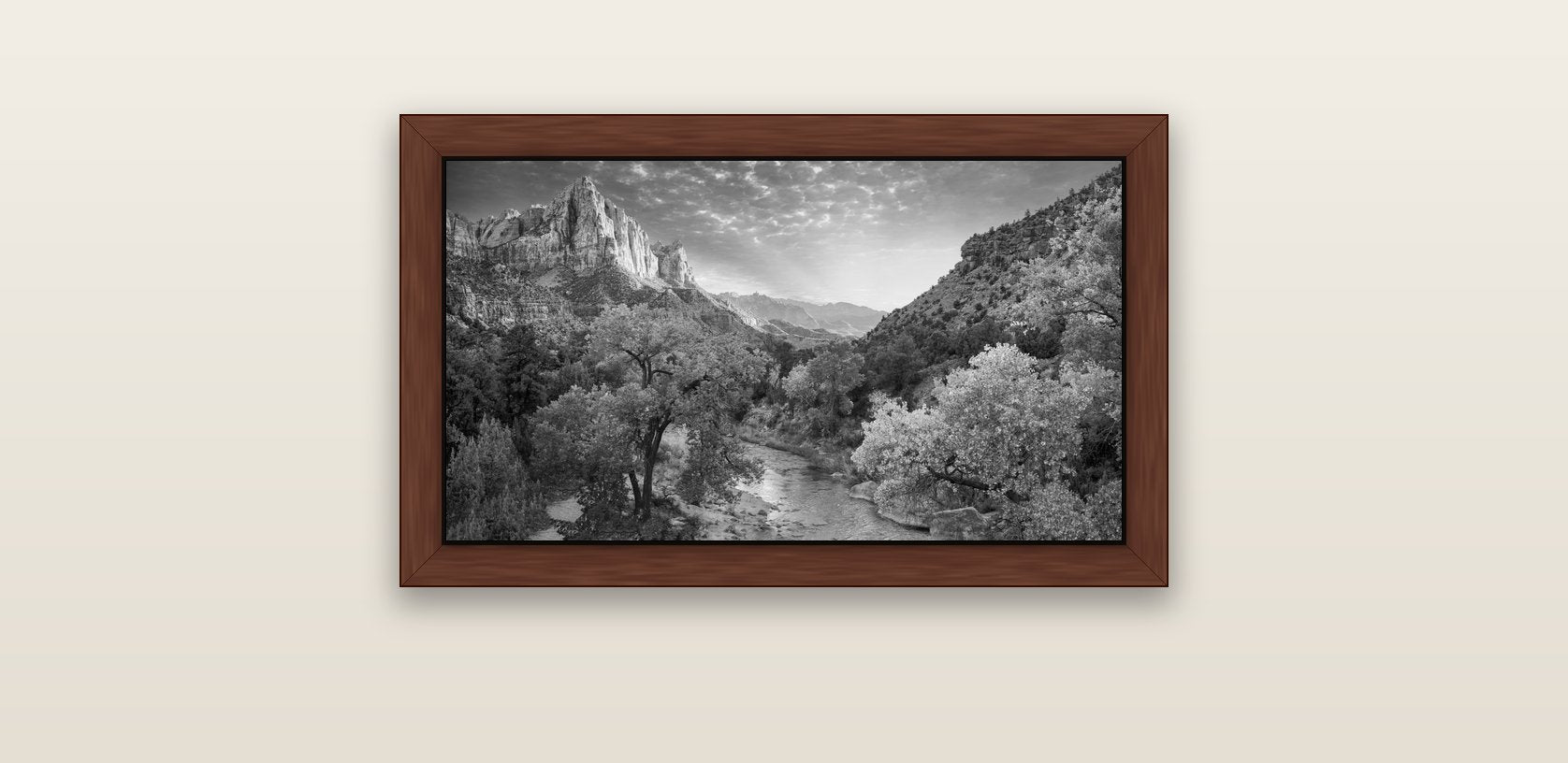 Canyon Evening, Zion National Park — brown float frame canvas, 61 × 36 cm. New Zealand fine art landscape wall art by Stephen Milner.