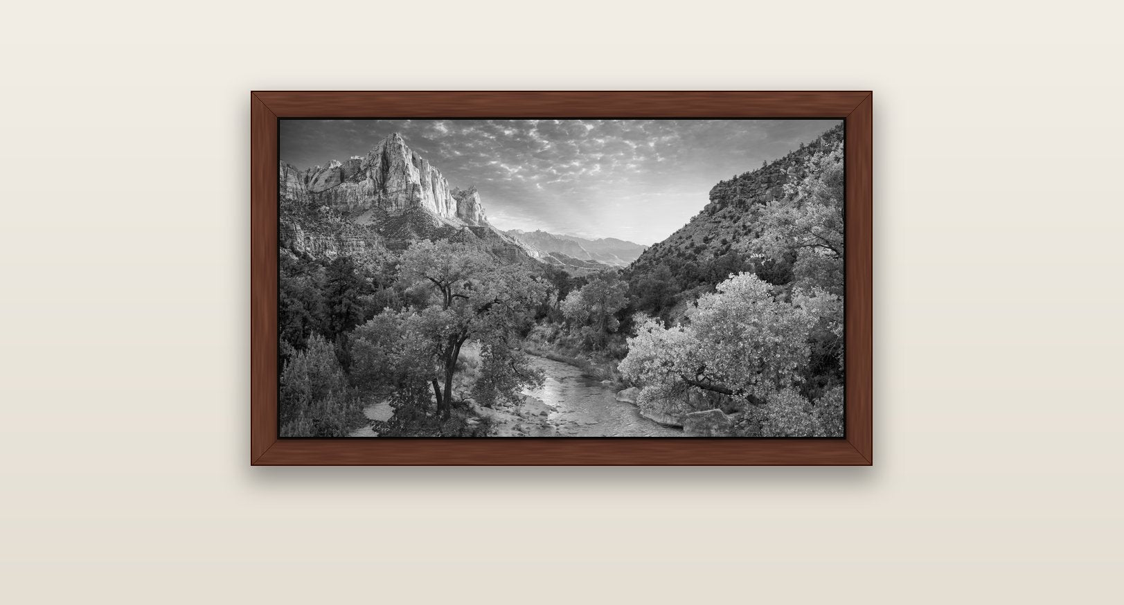 Canyon Evening, Zion National Park — brown float frame canvas, 81 × 46 cm. New Zealand fine art landscape wall art by Stephen Milner.