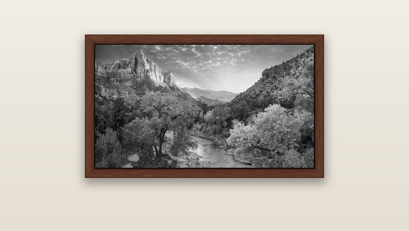 Canyon Evening, Zion National Park — brown float frame canvas, 91 × 51 cm. New Zealand fine art landscape wall art by Stephen Milner.