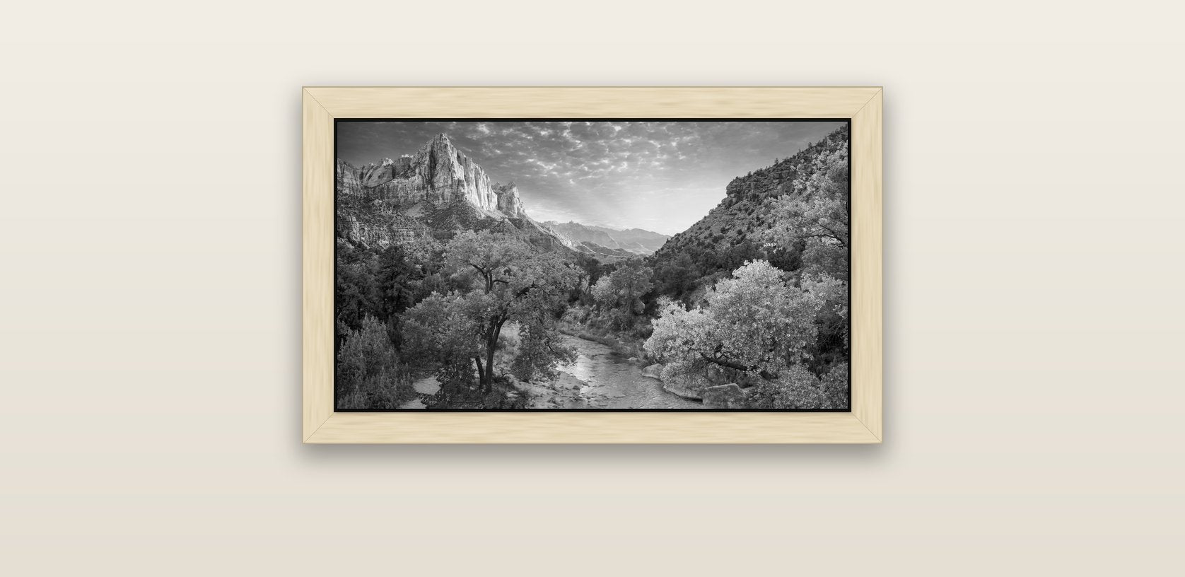 Canyon Evening, Zion National Park — natural float frame canvas, 61 × 36 cm. New Zealand fine art landscape wall art by Stephen Milner.