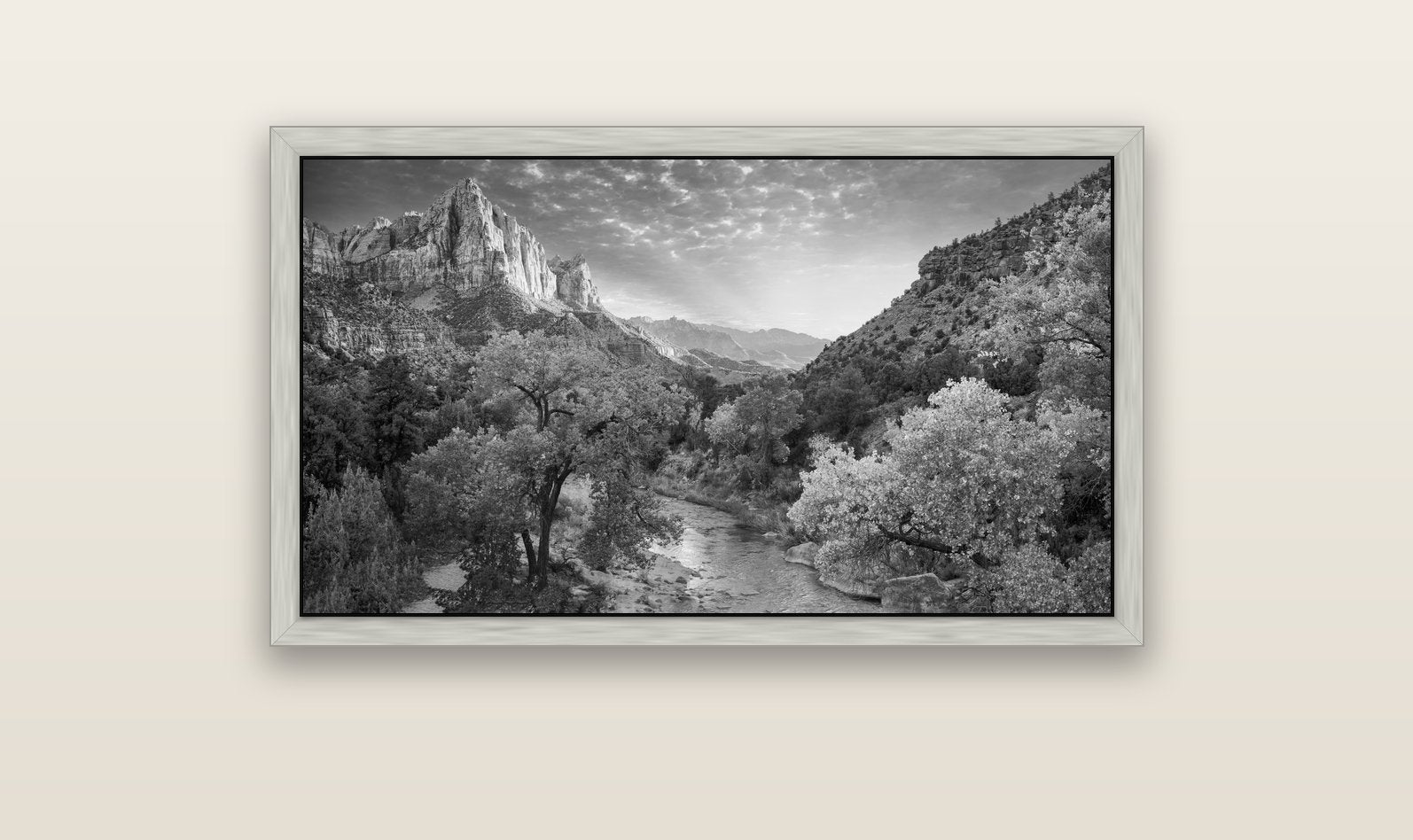 Canyon Evening, Zion National Park — silver float frame canvas, 102 × 56 cm. New Zealand fine art landscape wall art by Stephen Milner.