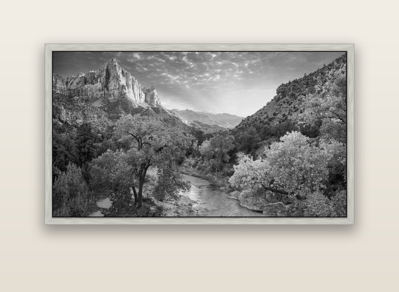 Canyon Evening, Zion National Park — silver float frame canvas, 152 × 86 cm. New Zealand fine art landscape wall art by Stephen Milner.
