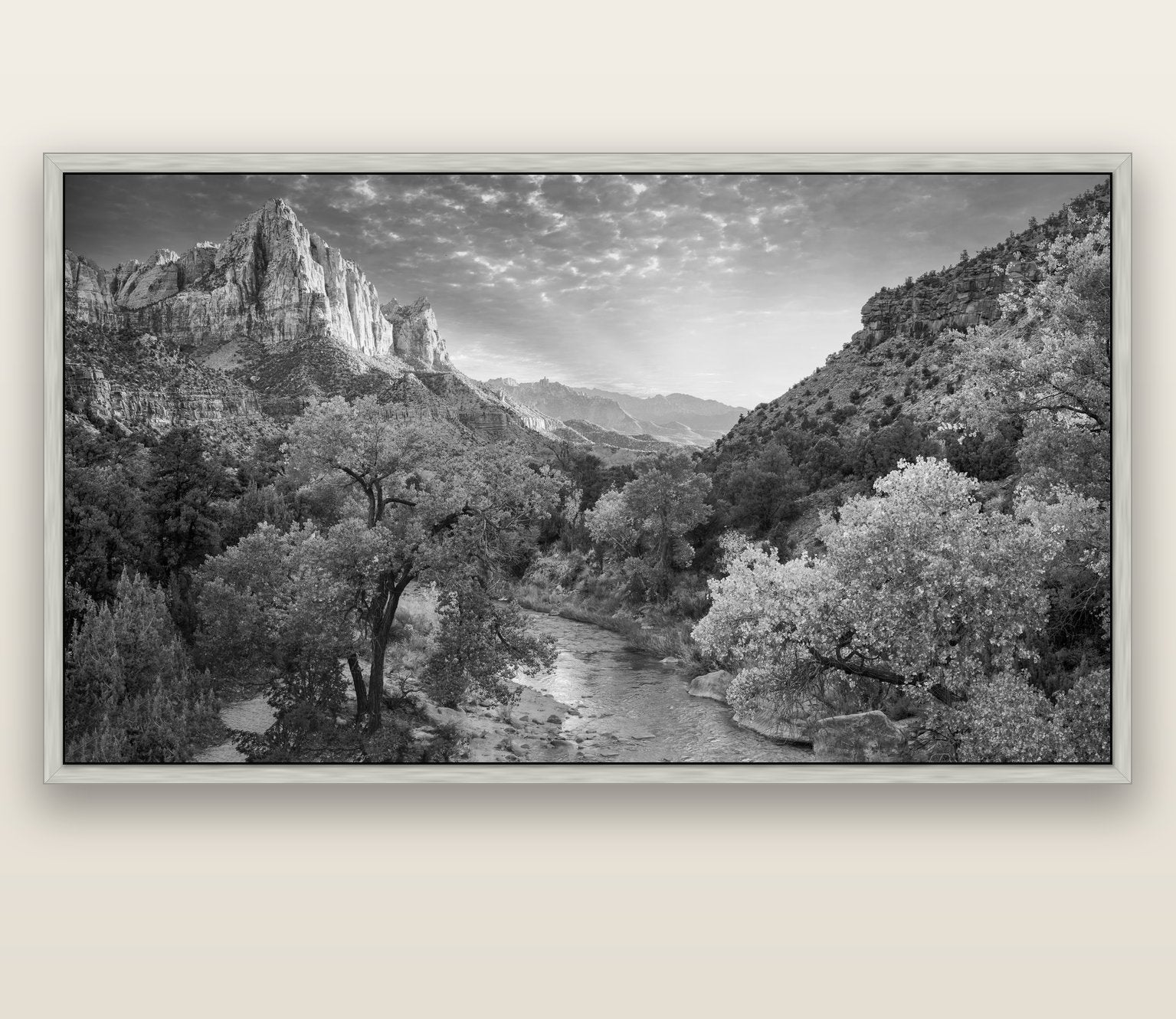 Canyon Evening, Zion National Park — silver float frame canvas, 200 × 130 cm. New Zealand fine art landscape wall art by Stephen Milner.
