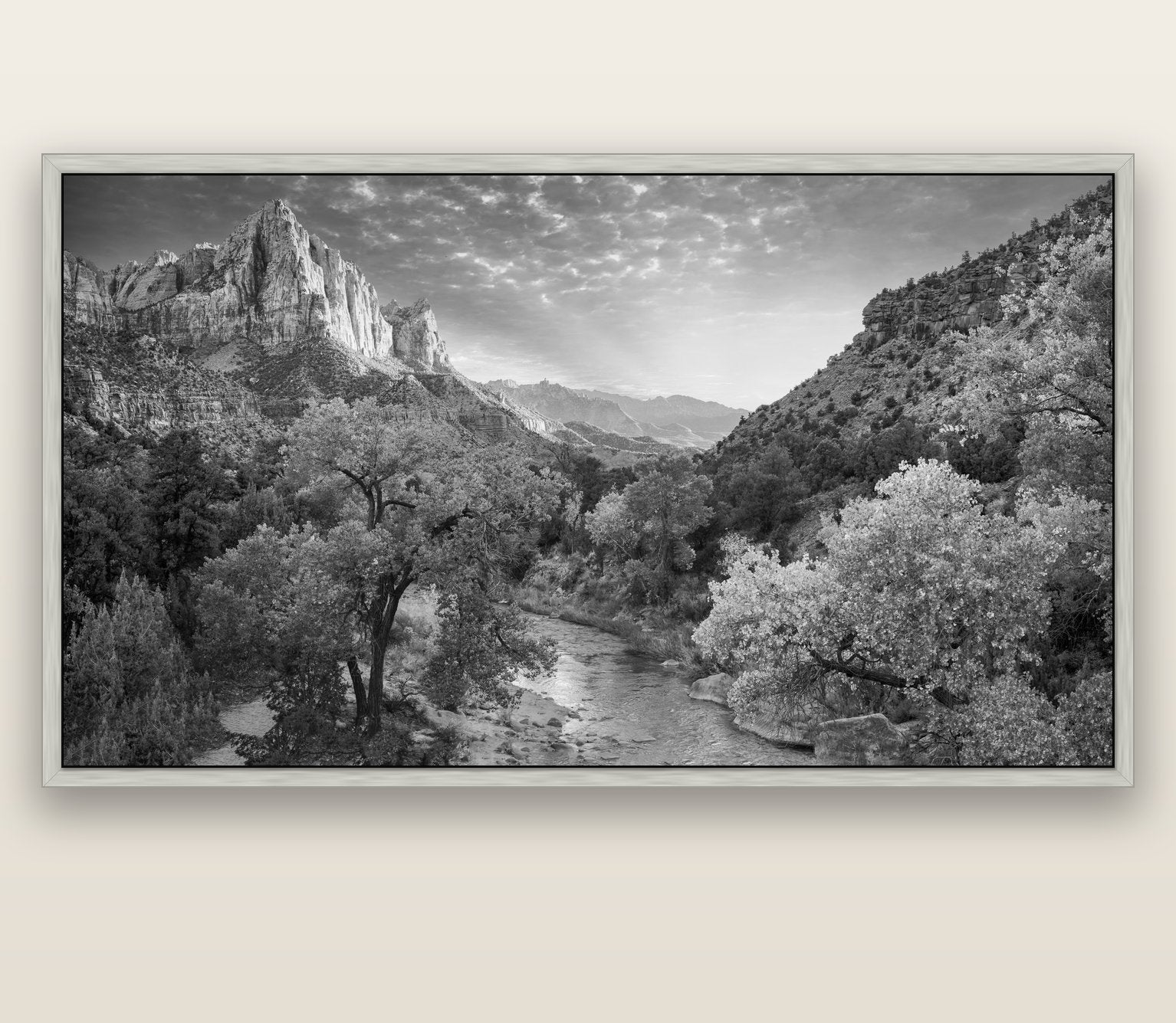 Canyon Evening, Zion National Park — silver float frame canvas, 201 × 99 cm. New Zealand fine art landscape wall art by Stephen Milner.