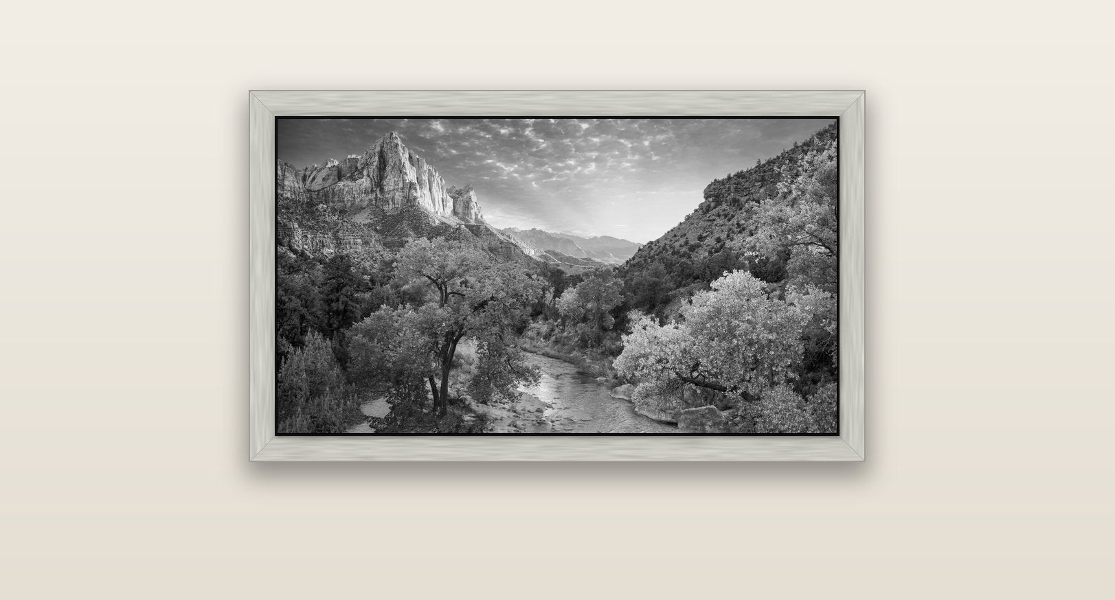 Canyon Evening, Zion National Park — silver float frame canvas, 81 × 46 cm. New Zealand fine art landscape wall art by Stephen Milner.