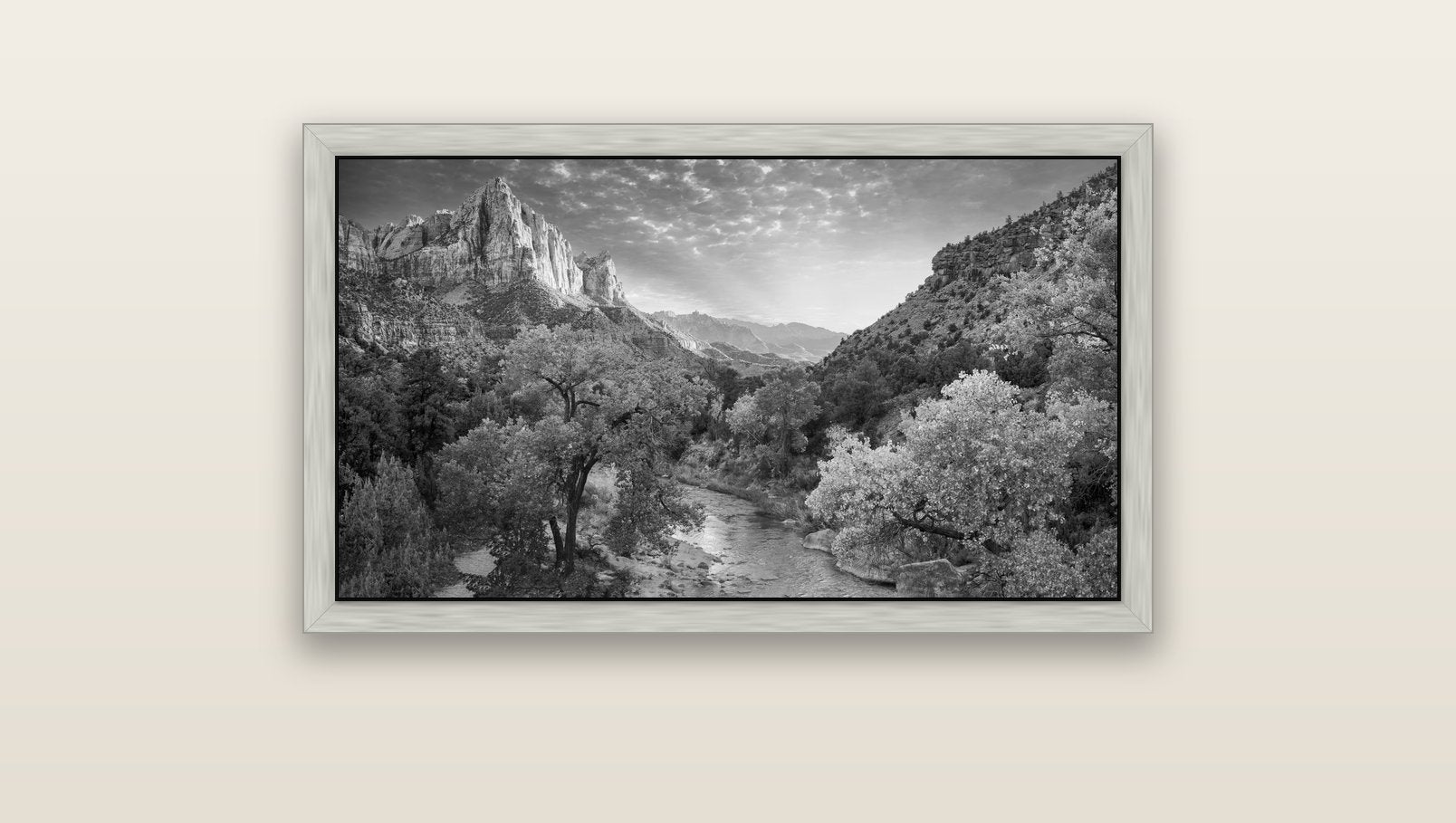 Canyon Evening, Zion National Park — silver float frame canvas, 91 × 51 cm. New Zealand fine art landscape wall art by Stephen Milner.