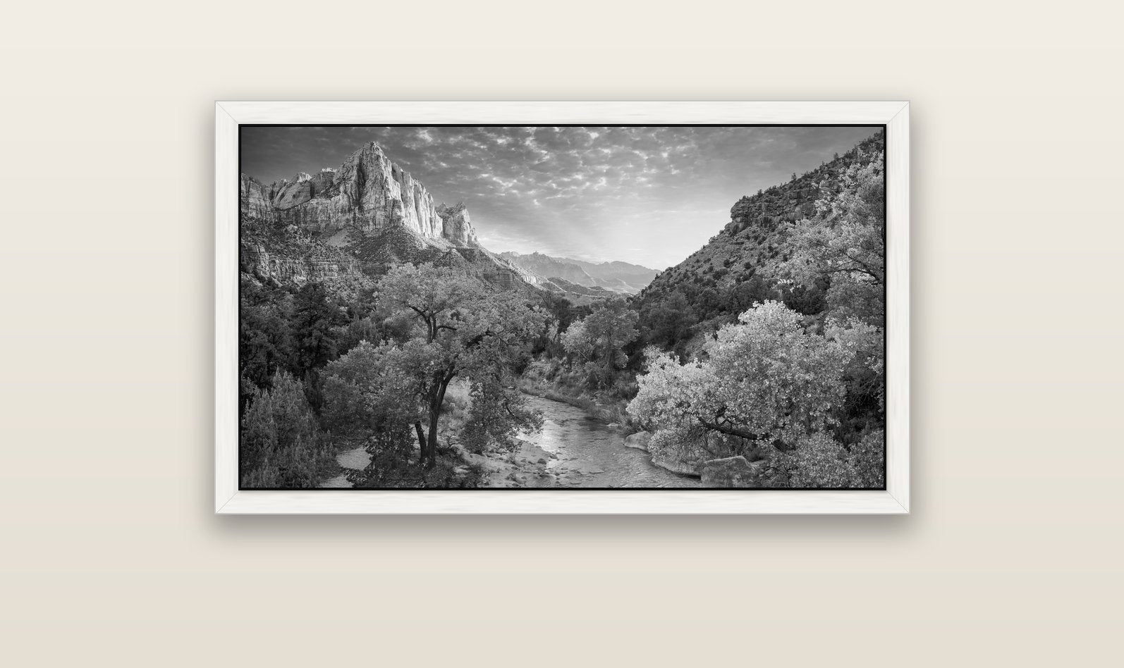 Canyon Evening, Zion National Park — white float frame canvas, 102 × 56 cm. New Zealand fine art landscape wall art by Stephen Milner.