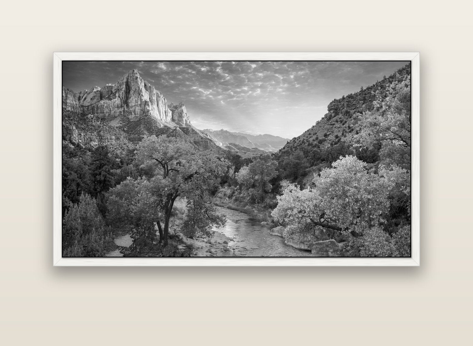 Canyon Evening, Zion National Park — white float frame canvas, 152 × 86 cm. New Zealand fine art landscape wall art by Stephen Milner.