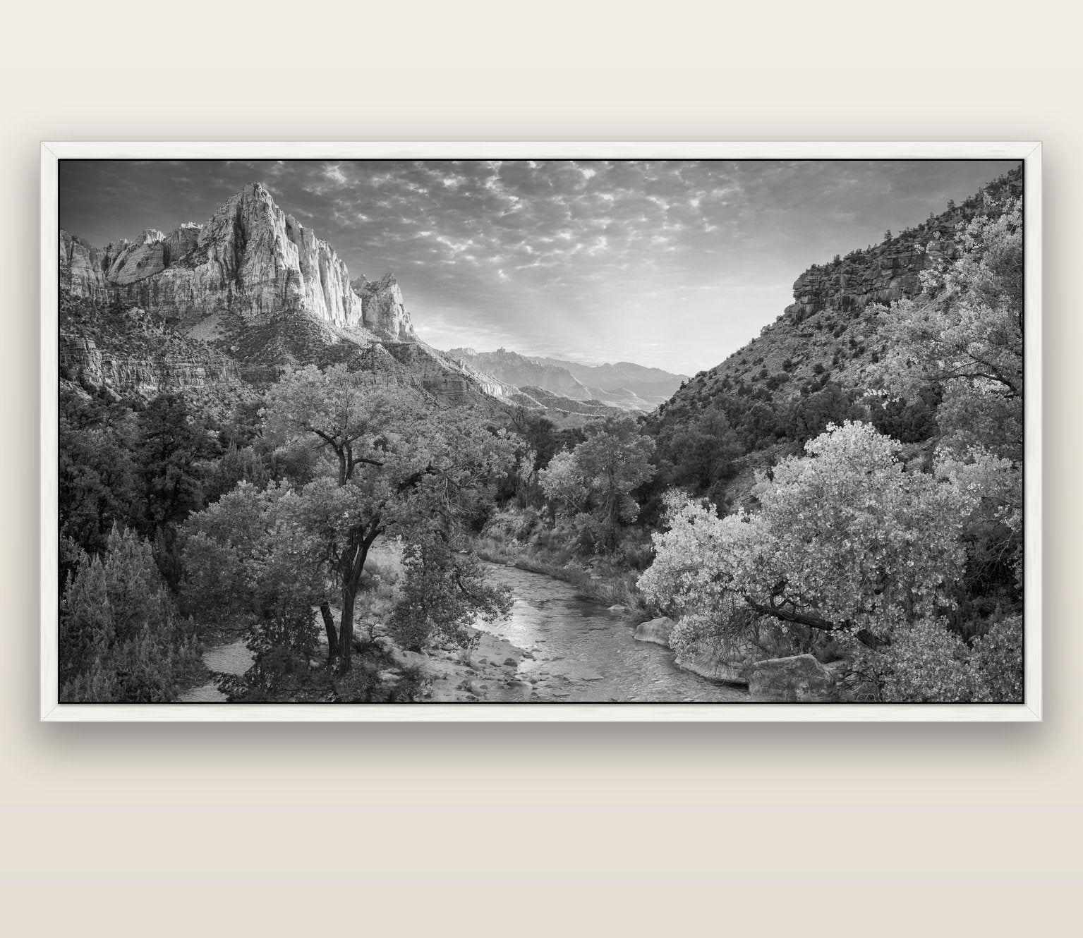 Canyon Evening, Zion National Park — white float frame canvas, 200 × 130 cm. New Zealand fine art landscape wall art by Stephen Milner.