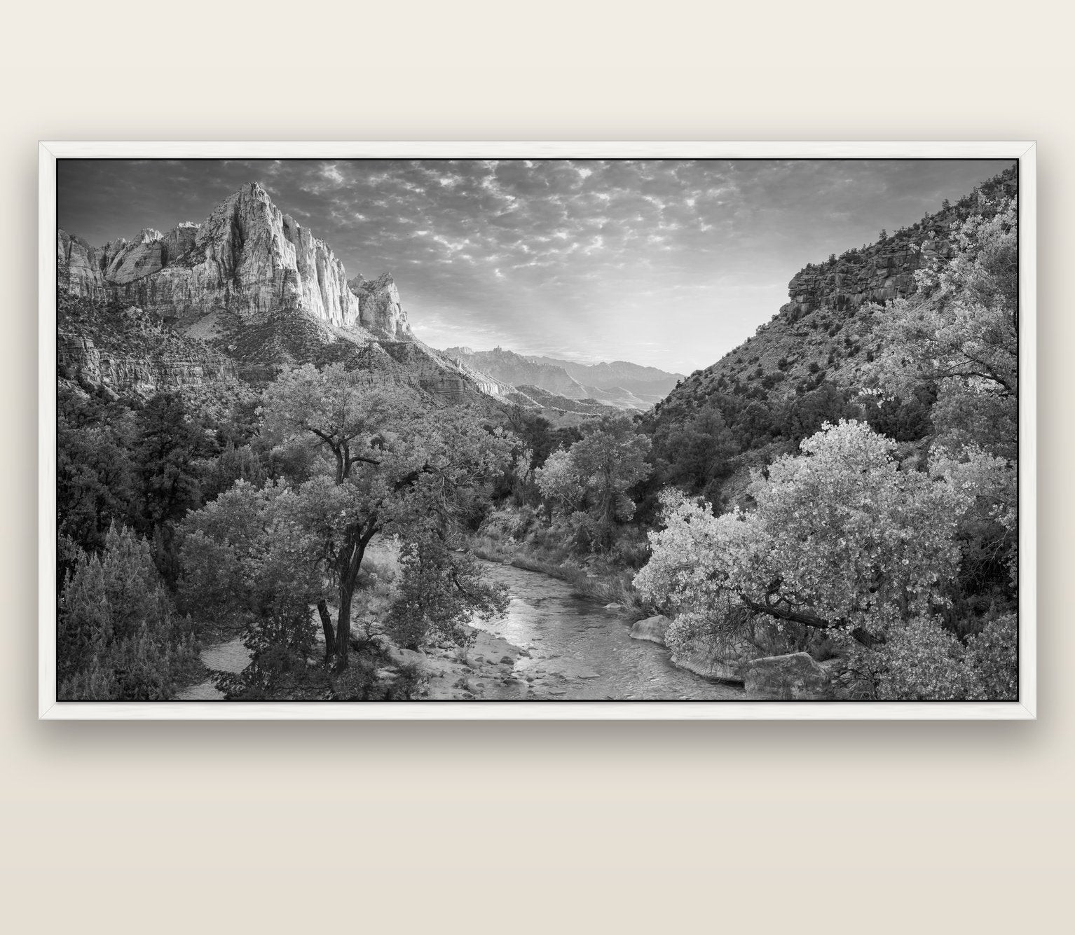Canyon Evening, Zion National Park — white float frame canvas, 201 × 99 cm. New Zealand fine art landscape wall art by Stephen Milner.