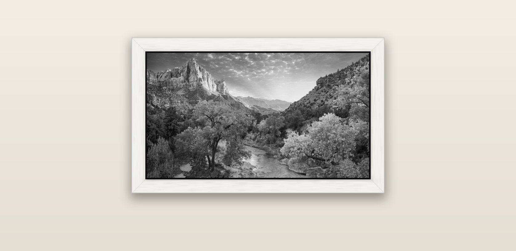 Canyon Evening, Zion National Park — white float frame canvas, 61 × 36 cm. New Zealand fine art landscape wall art by Stephen Milner.
