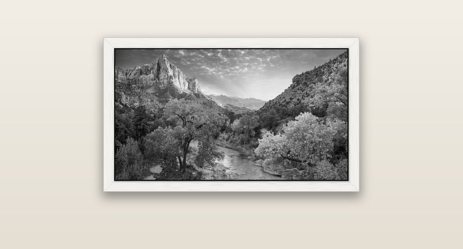 Canyon Evening, Zion National Park — white float frame canvas, 81 × 46 cm. New Zealand fine art landscape wall art by Stephen Milner.
