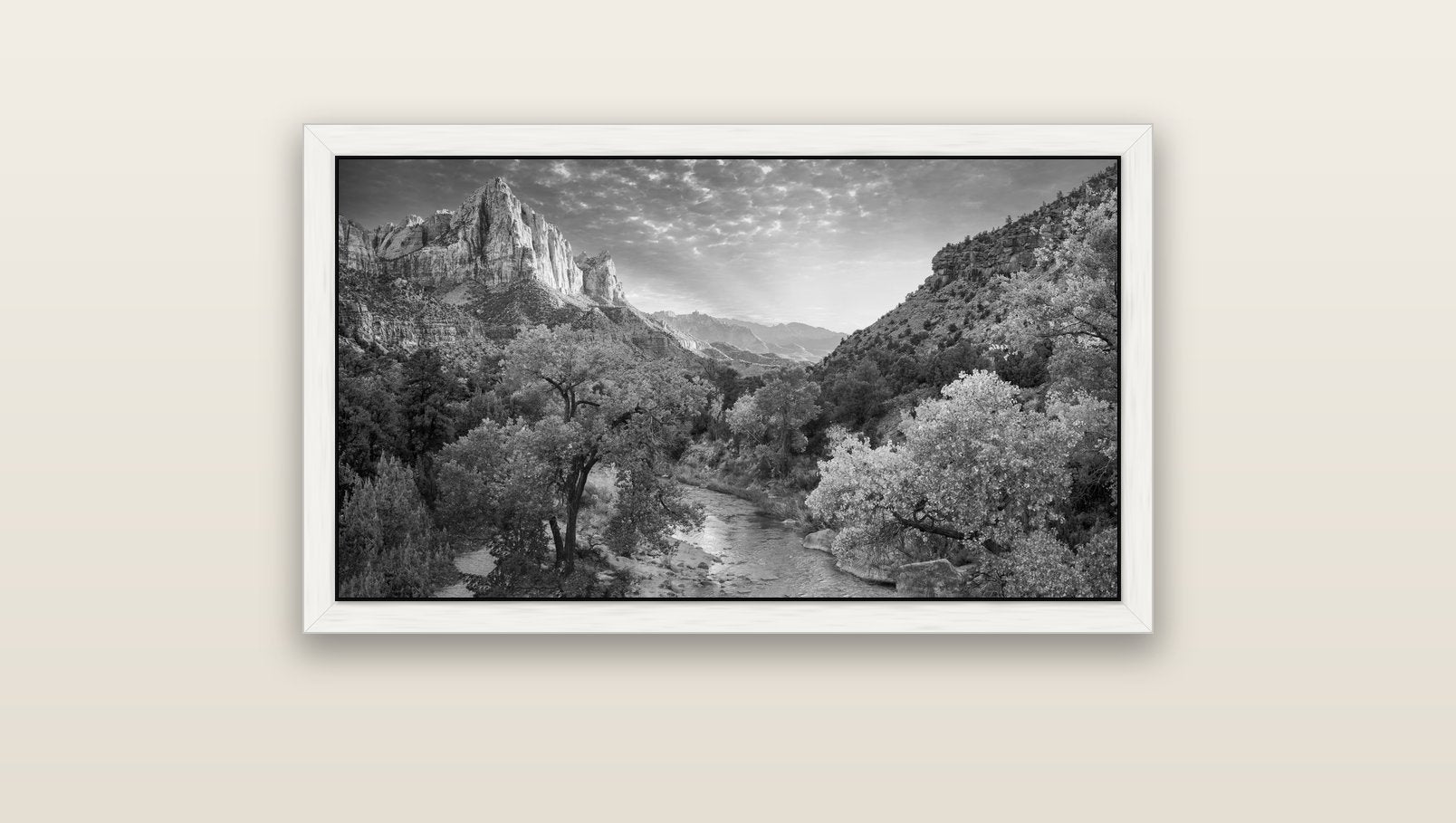 Canyon Evening, Zion National Park — white float frame canvas, 91 × 51 cm. New Zealand fine art landscape wall art by Stephen Milner.